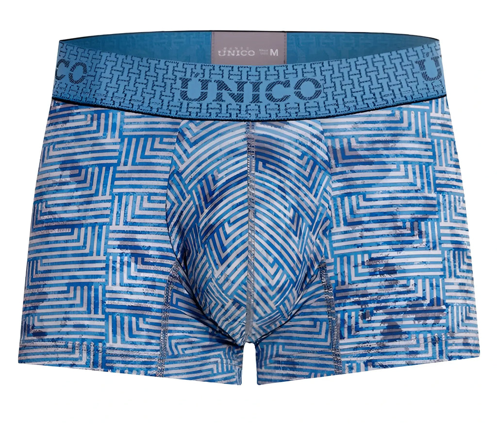 Unico 25020100111 ostion trunks blue blue and white geometric patterned men’s boxer briefs with matching elastic waistband