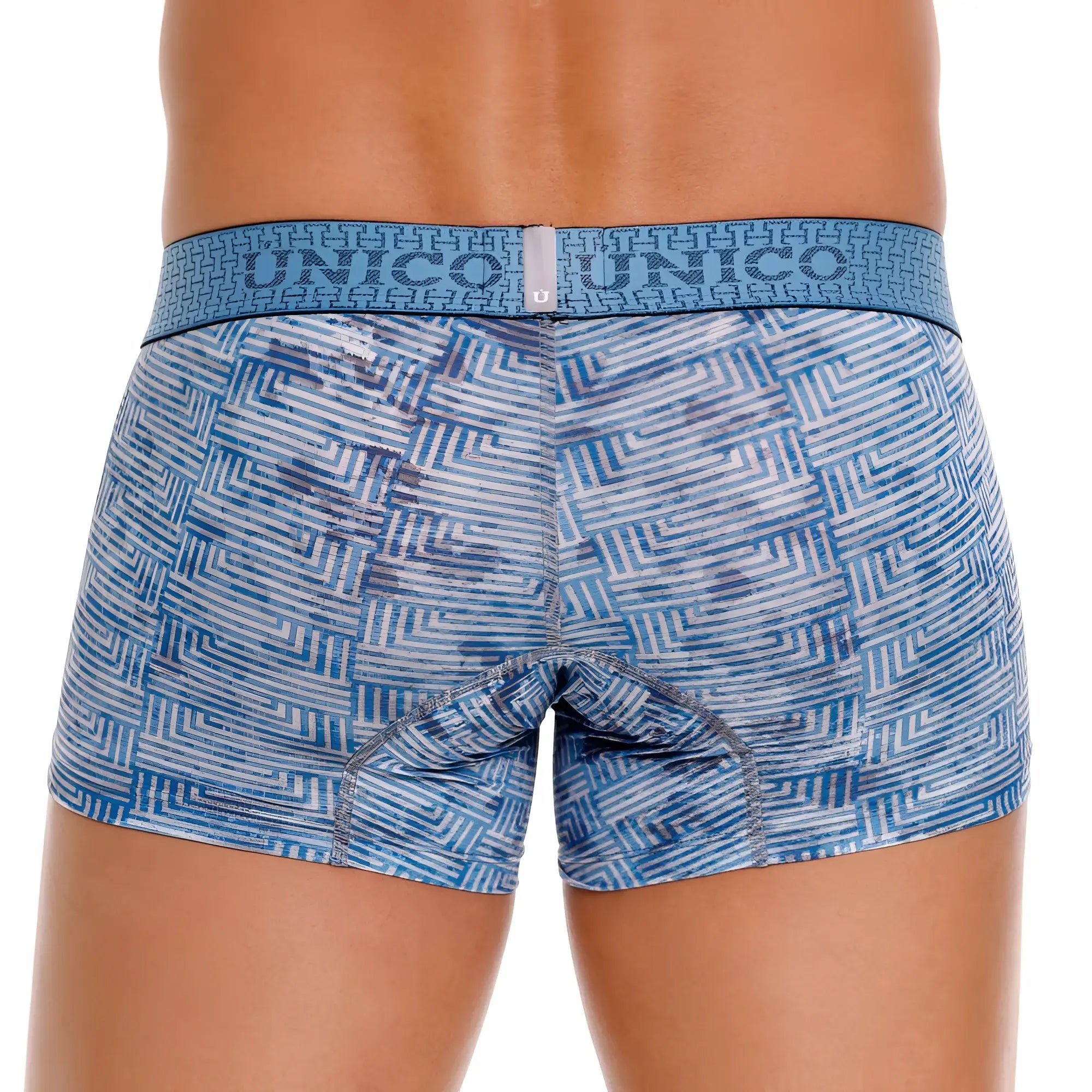 Unico 25020100111 ostion trunks color 46-blue men’s boxer briefs with blue and white geometric pattern and matching waistband