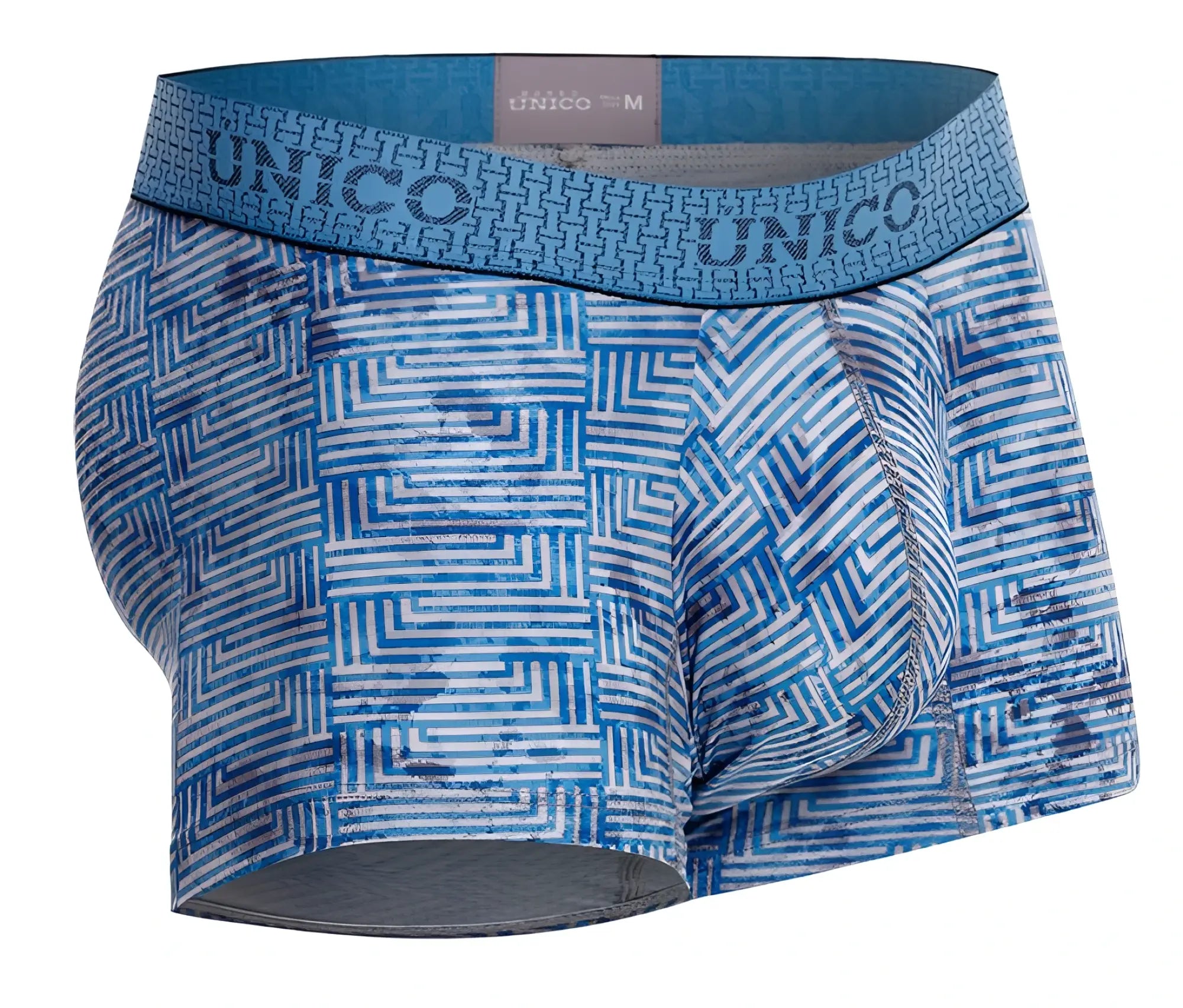 Blue and white geometric patterned men’s boxer briefs with branded elastic waistband unisex trunks