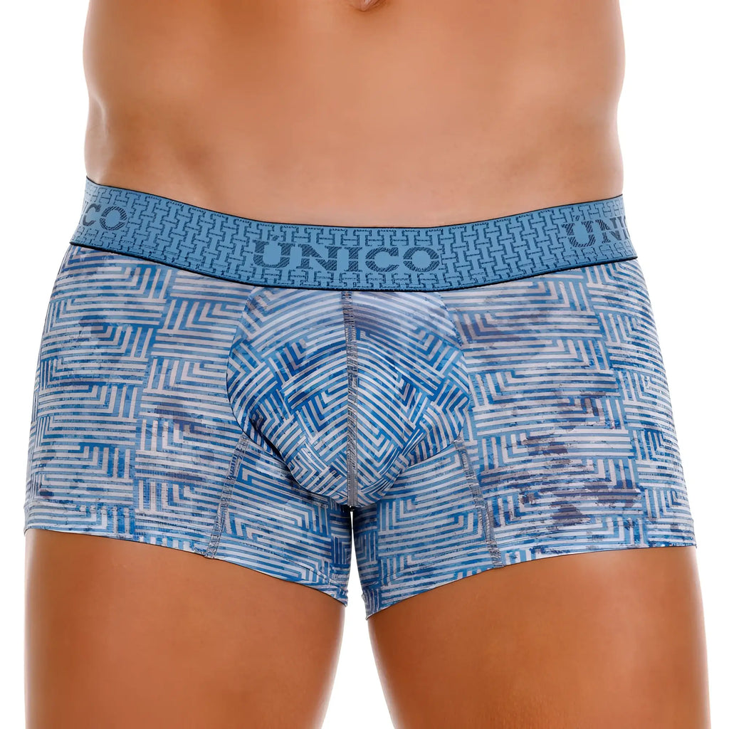 Unico 25020100111 ostion trunks men’s blue and white geometric patterned boxer briefs with matching elastic waistband