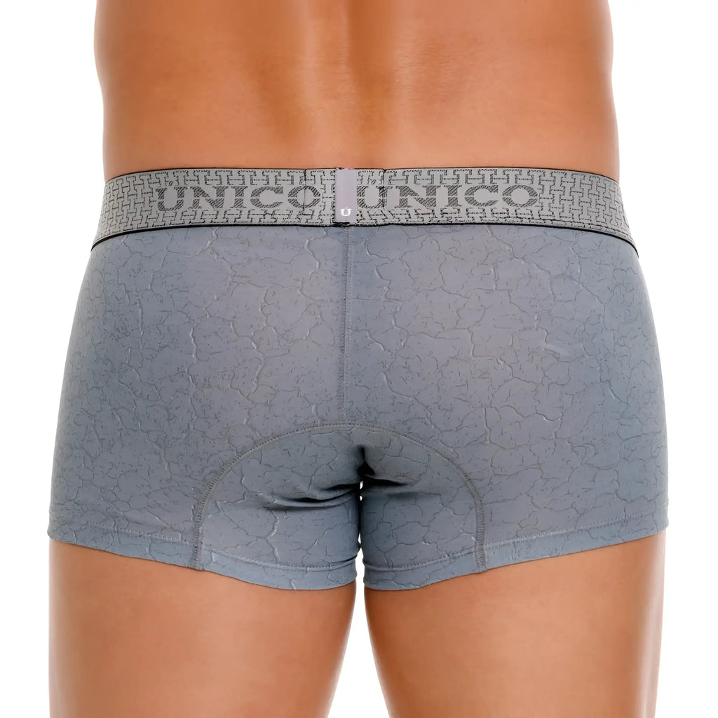 Gray unico baldio trunks color 59 gray boxer briefs with cracked texture pattern and branded waistband front view