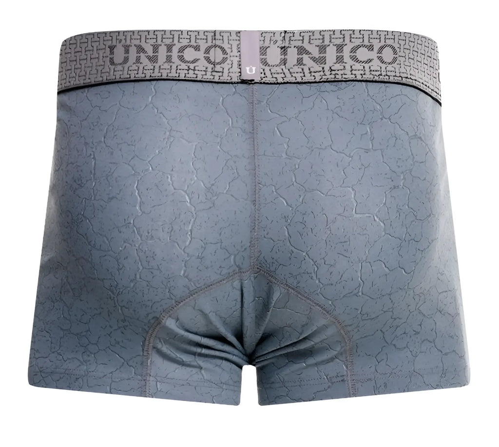 Gray unico boxer briefs with cracked texture pattern and branded waistband from unico 25020100116 baldio trunks color 59-gray