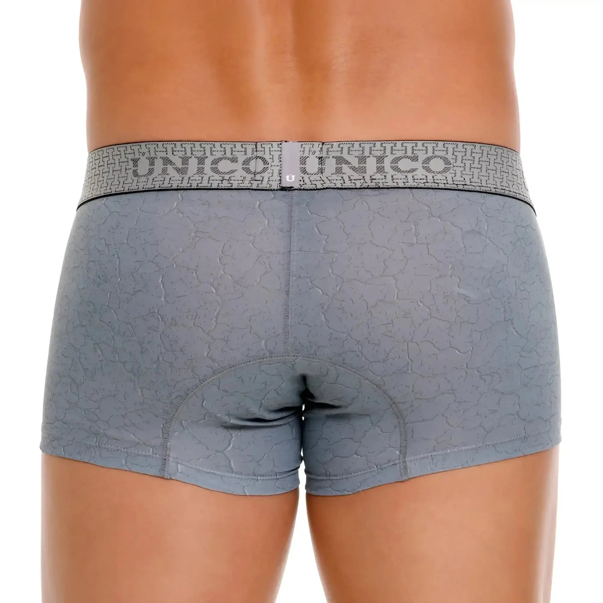 Gray unico baldio trunks color 59 gray boxer briefs with cracked texture pattern and branded waistband front view