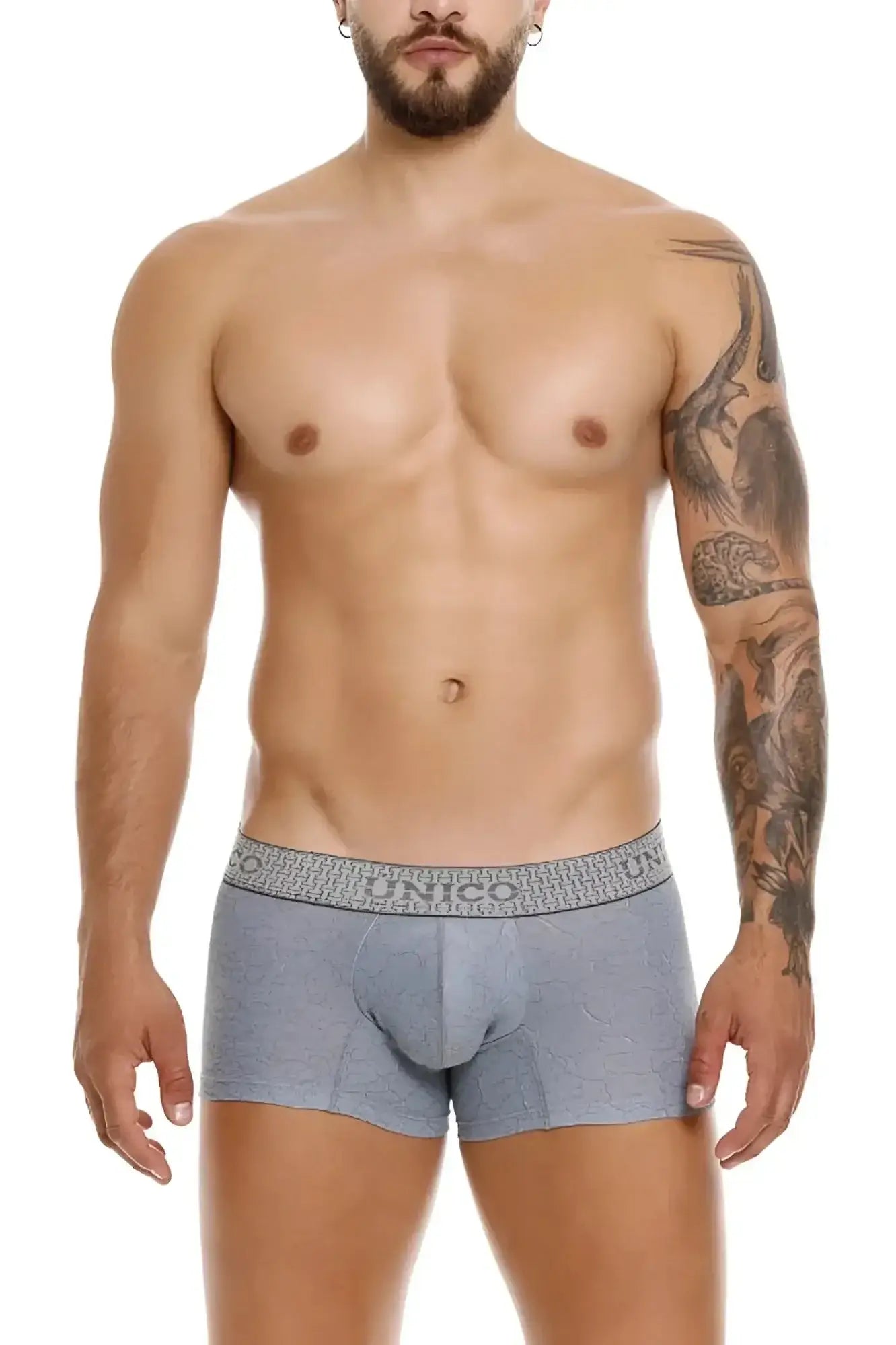 Gray patterned Unico 25020100116 Baldio trunks with textured waistband featuring brand name for comfortable wear