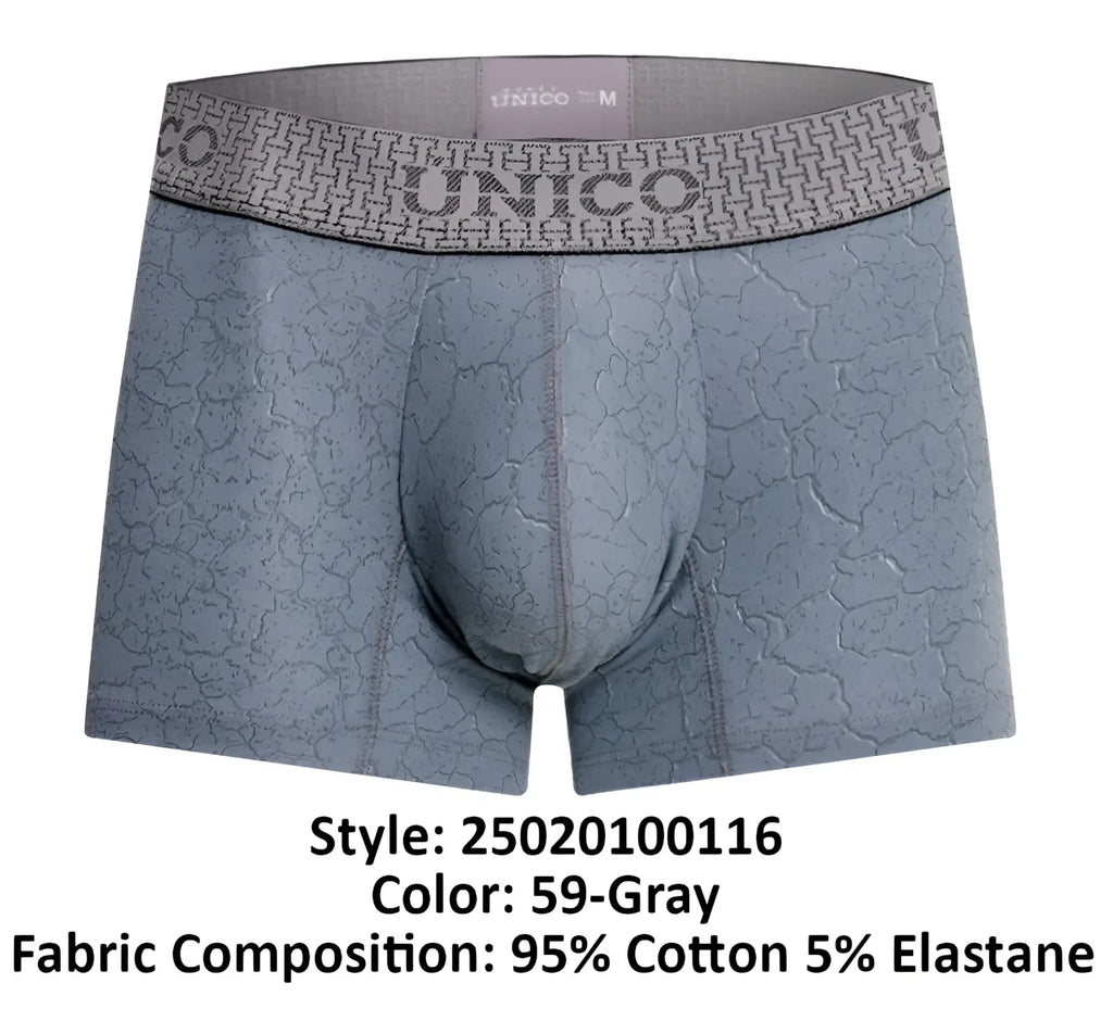 Gray unico men’s boxer briefs baldio trunks with subtle cracked texture and matching waistband with brand name