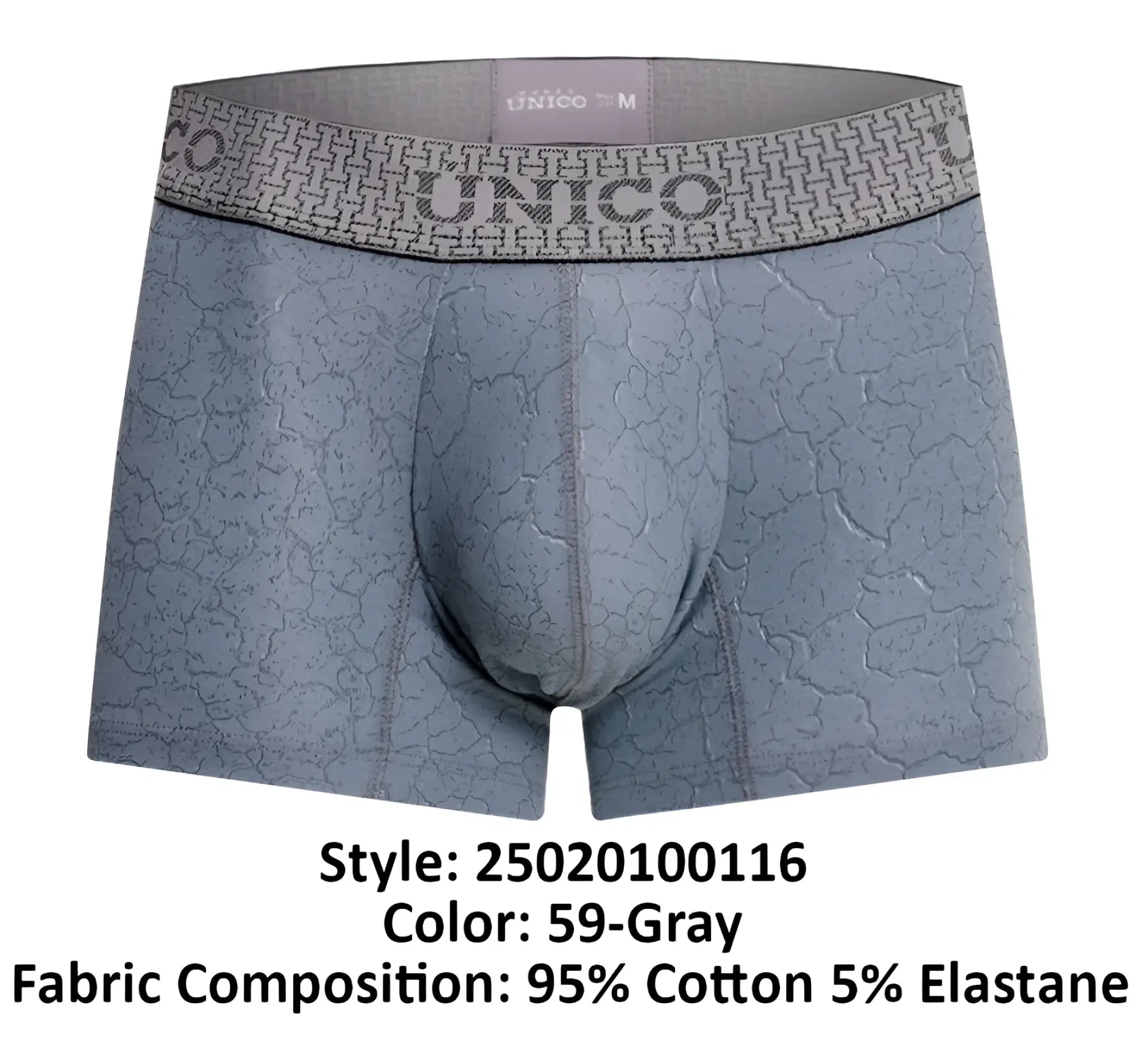 Gray unico men’s boxer briefs baldio trunks with subtle cracked texture and matching waistband with brand name