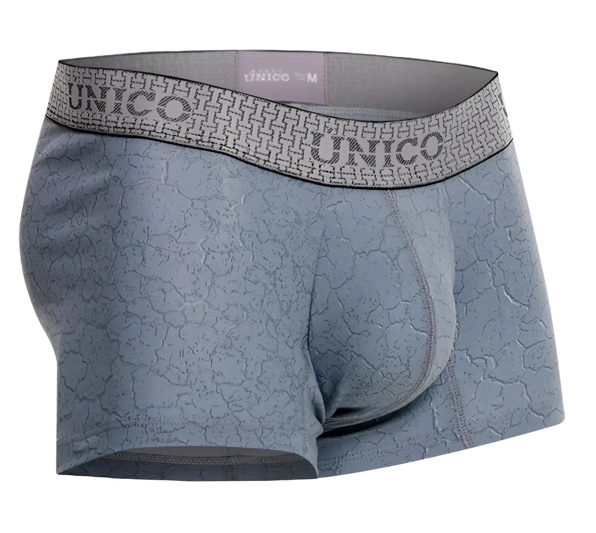 Gray unico men’s boxer briefs with cracked texture pattern and branded waistband in color 59-gray front view