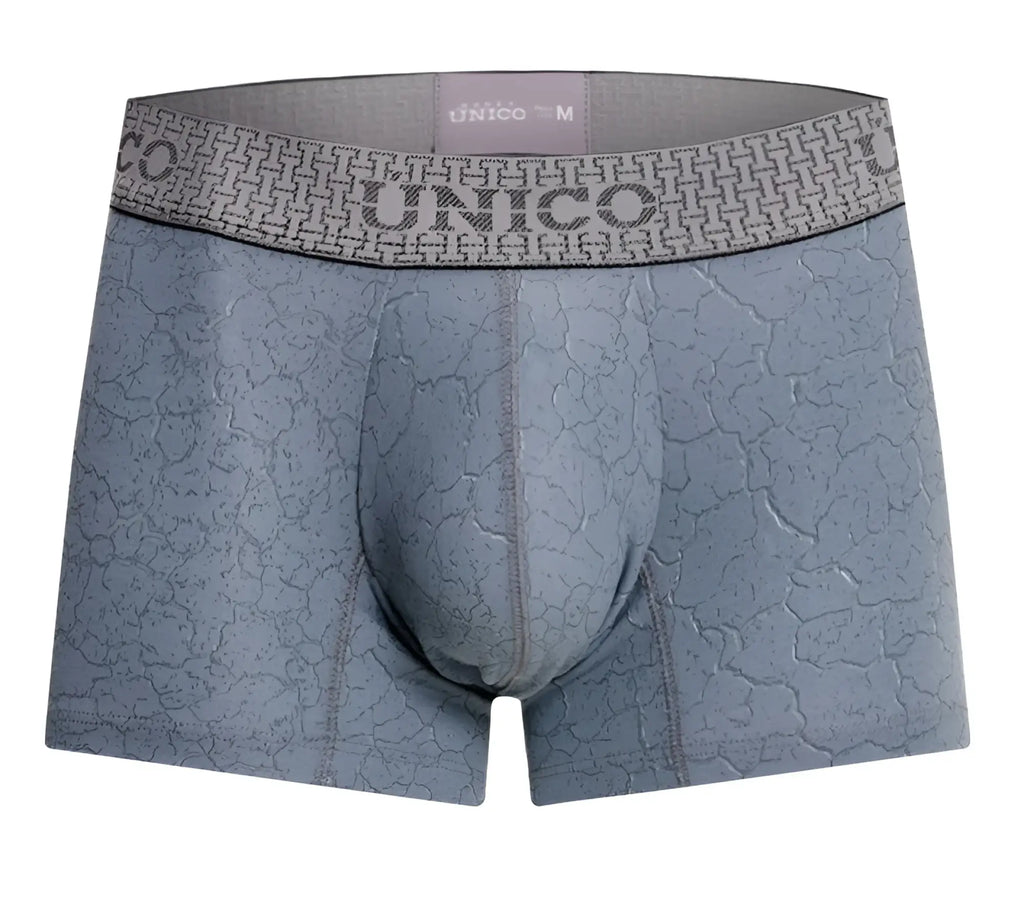 Gray unico men’s boxer briefs with a subtle cracked texture pattern and branded waistband baldio trunks color 59-gray