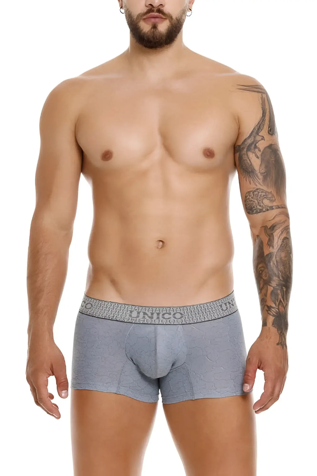 Gray patterned Unico 25020100116 Baldio trunks with textured waistband featuring brand name for comfortable wear
