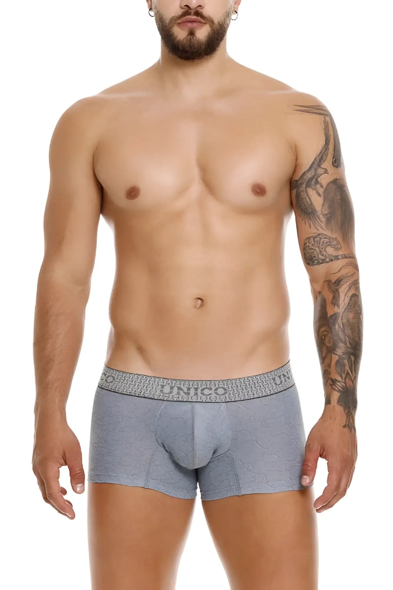 Gray patterned Unico 25020100116 Baldio trunks with textured waistband featuring brand name for comfortable wear