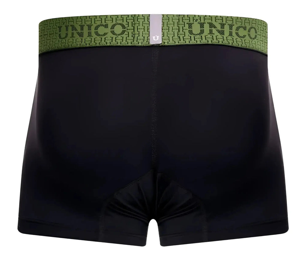 Black unico tribunal trunks with green patterned waistband featuring brand name in color 99 black front view