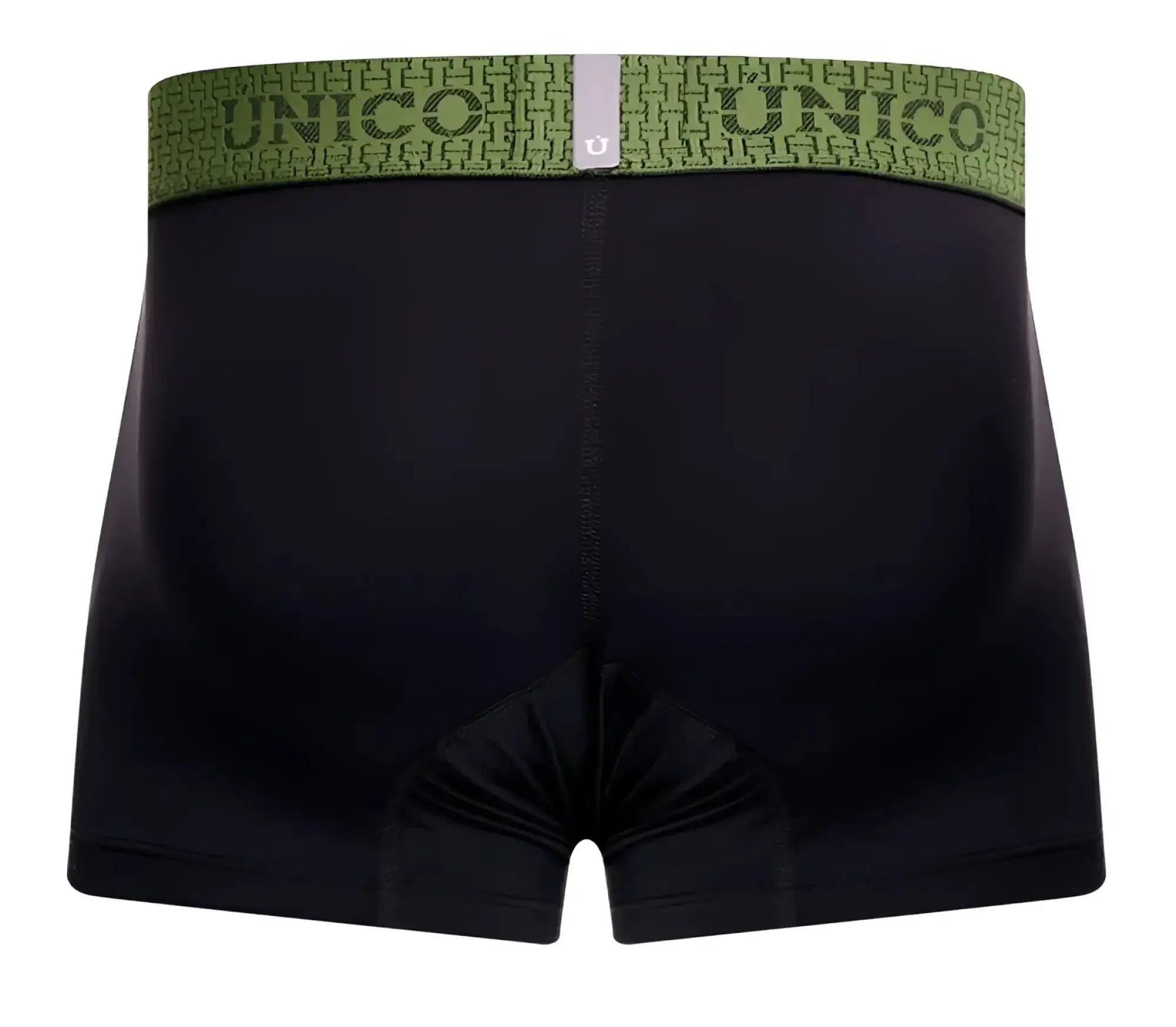 Black unico tribunal trunks with green patterned waistband featuring brand name in color 99 black front view