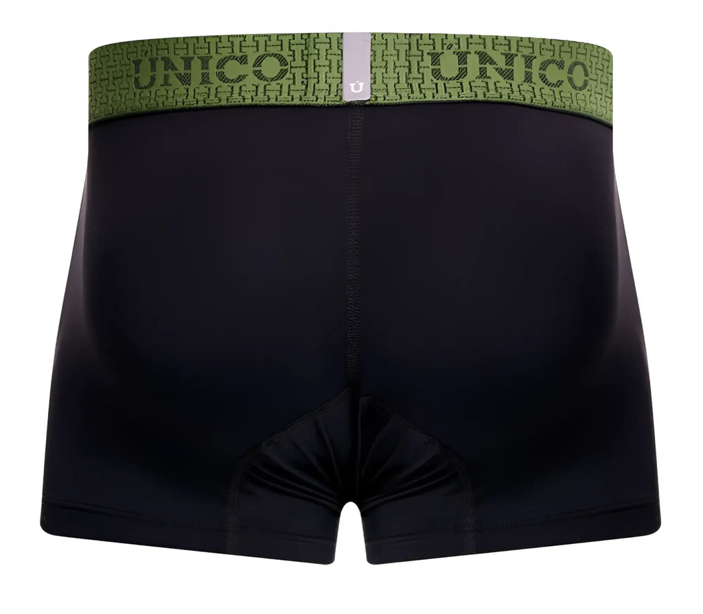 Black unico tribunal trunks with green patterned waistband featuring brand name in color 99 black front view