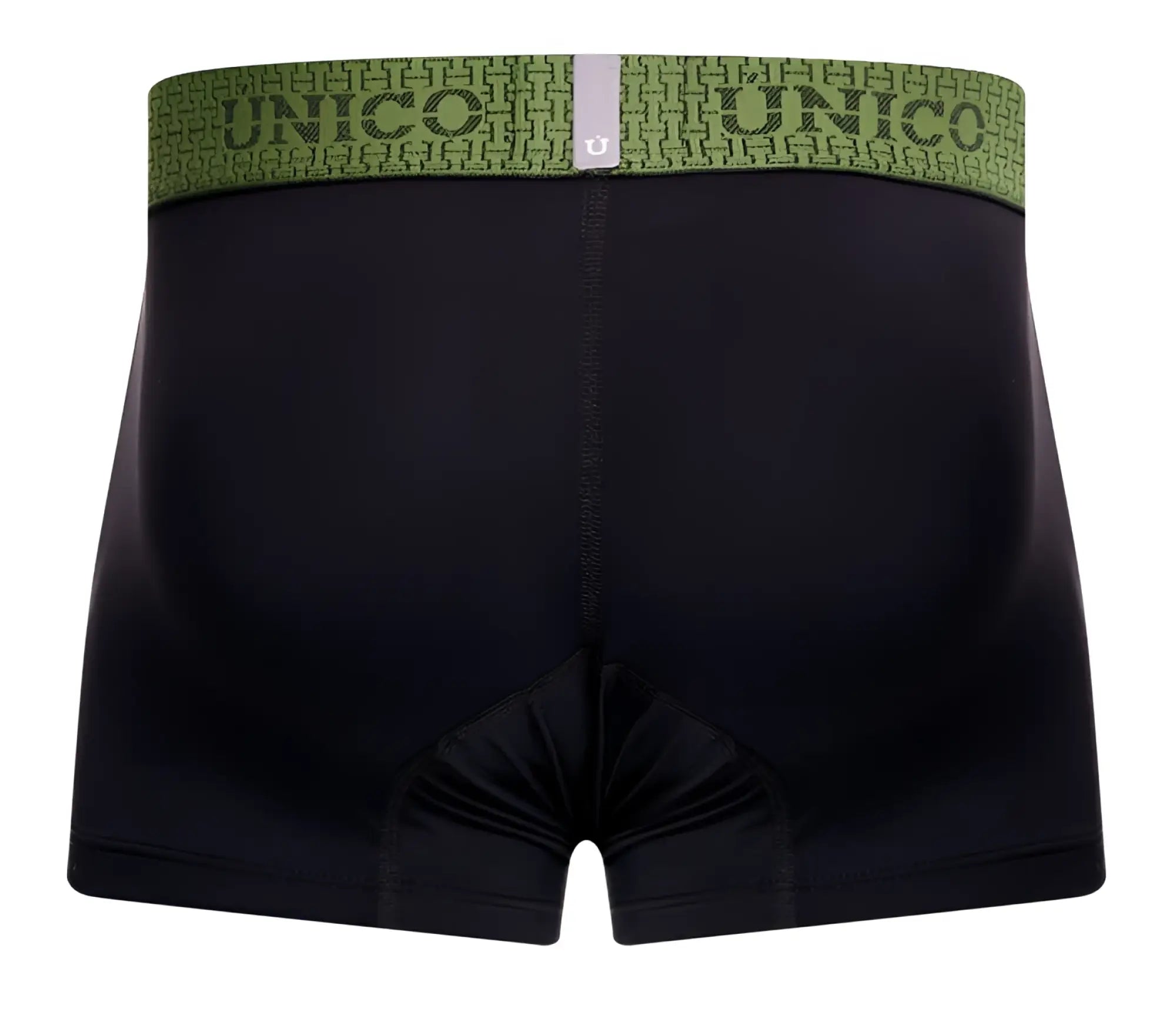 Black unico tribunal trunks with green patterned waistband featuring brand name in color 99 black front view
