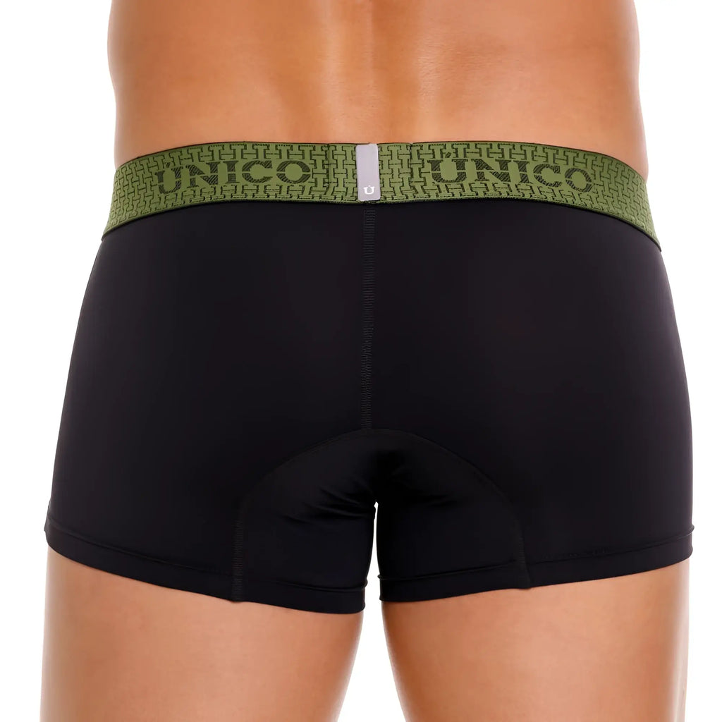 Black Unico 25020100121 Tribunal trunks boxer briefs with olive green geometric waistband and brand name detailing