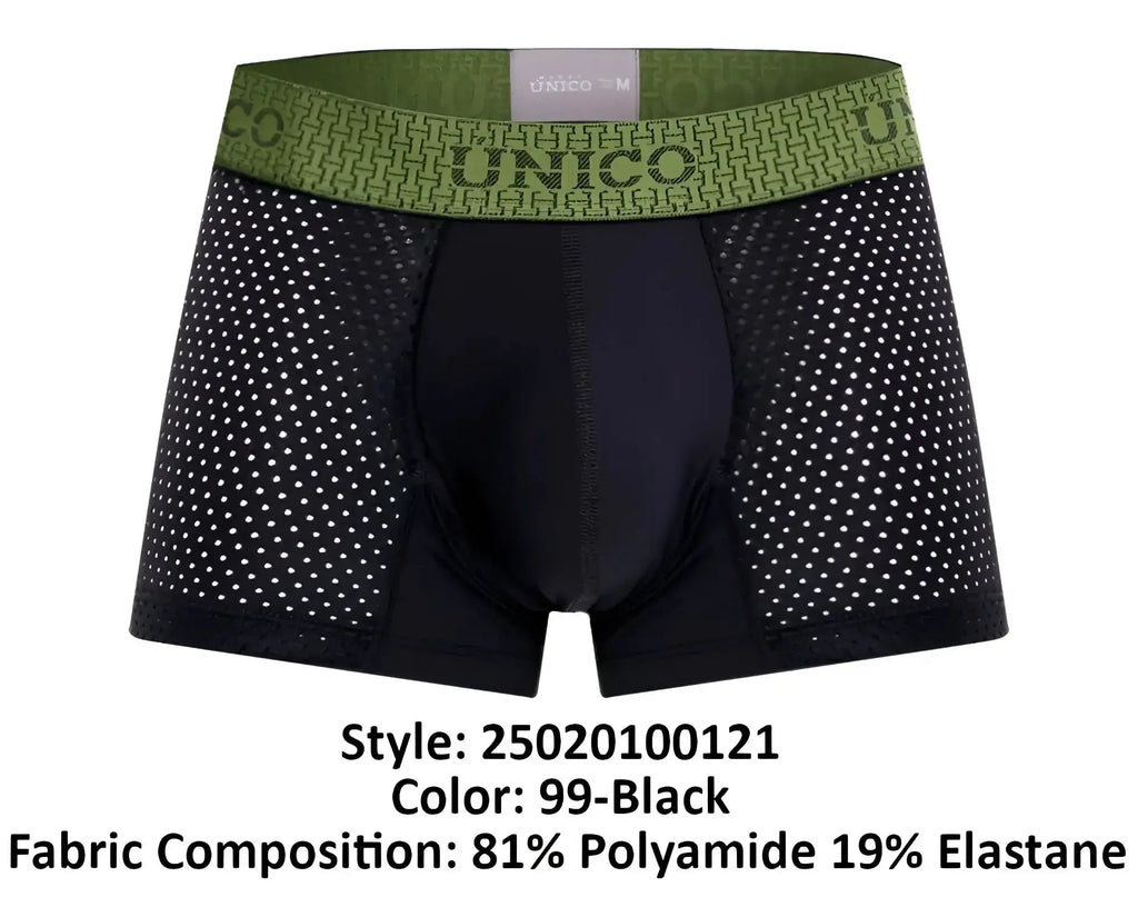 Black unico 25020100121 tribunal trunks boxer briefs with a green patterned waistband featuring the brand name