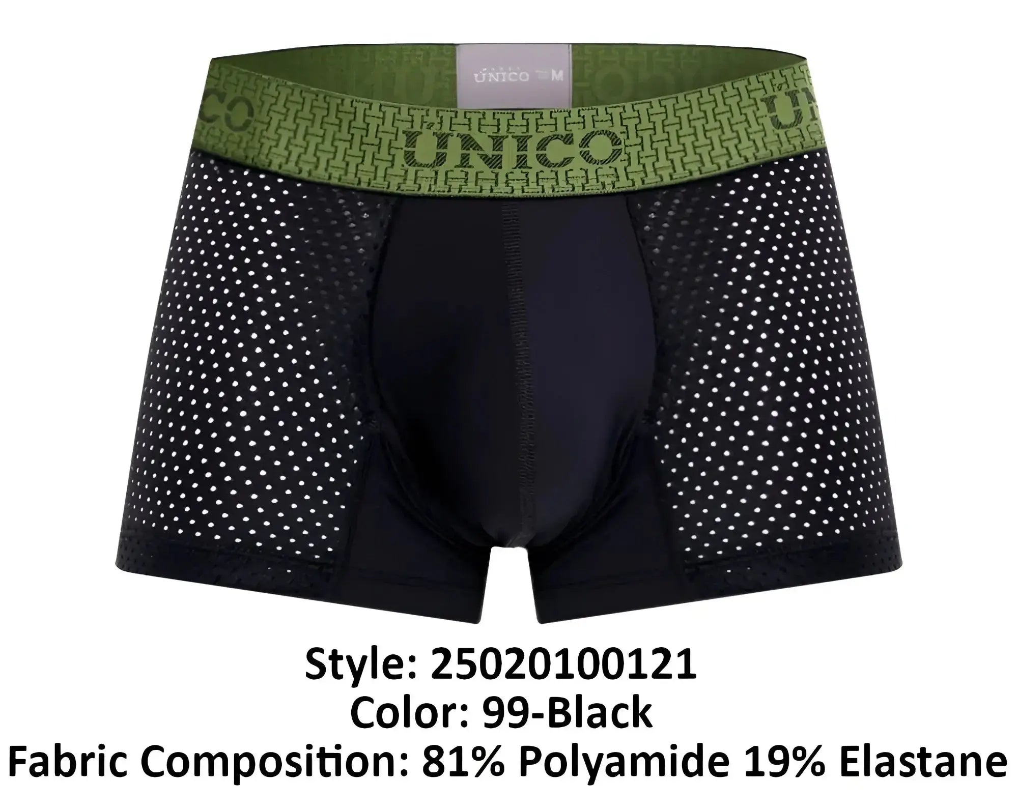 Black unico 25020100121 tribunal trunks boxer briefs with a green patterned waistband featuring the brand name