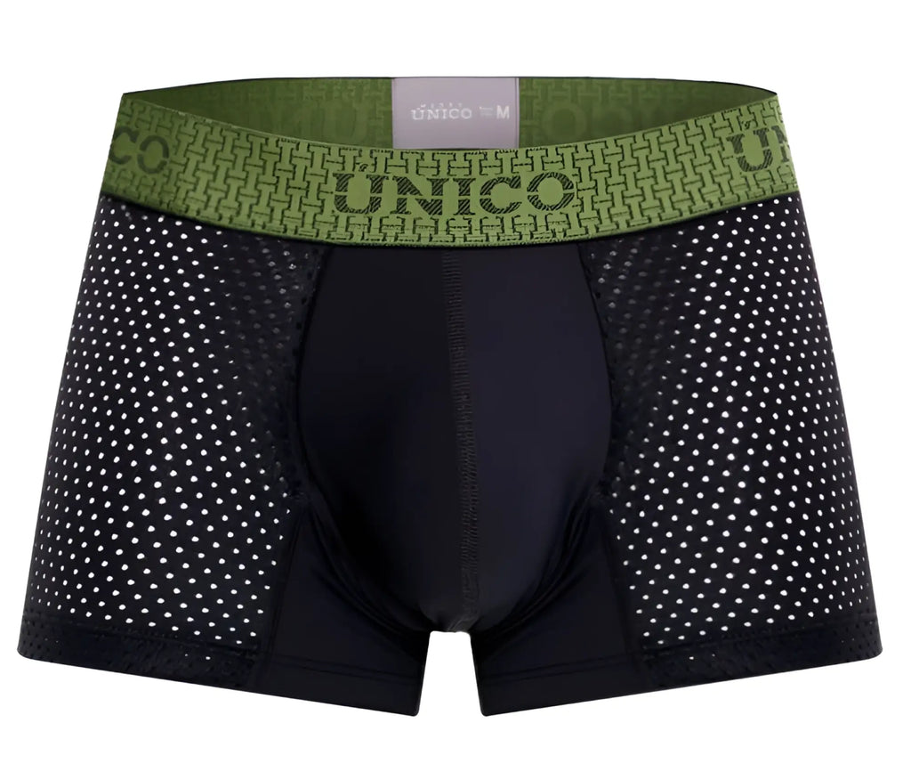 Black unico 25020100121 tribunal trunks boxer briefs with green patterned waistband featuring brand name and size label