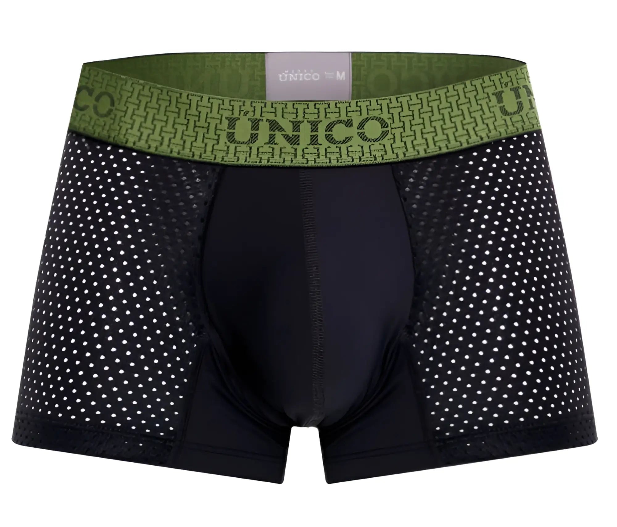 Black unico 25020100121 tribunal trunks boxer briefs with green patterned waistband featuring brand name and size label