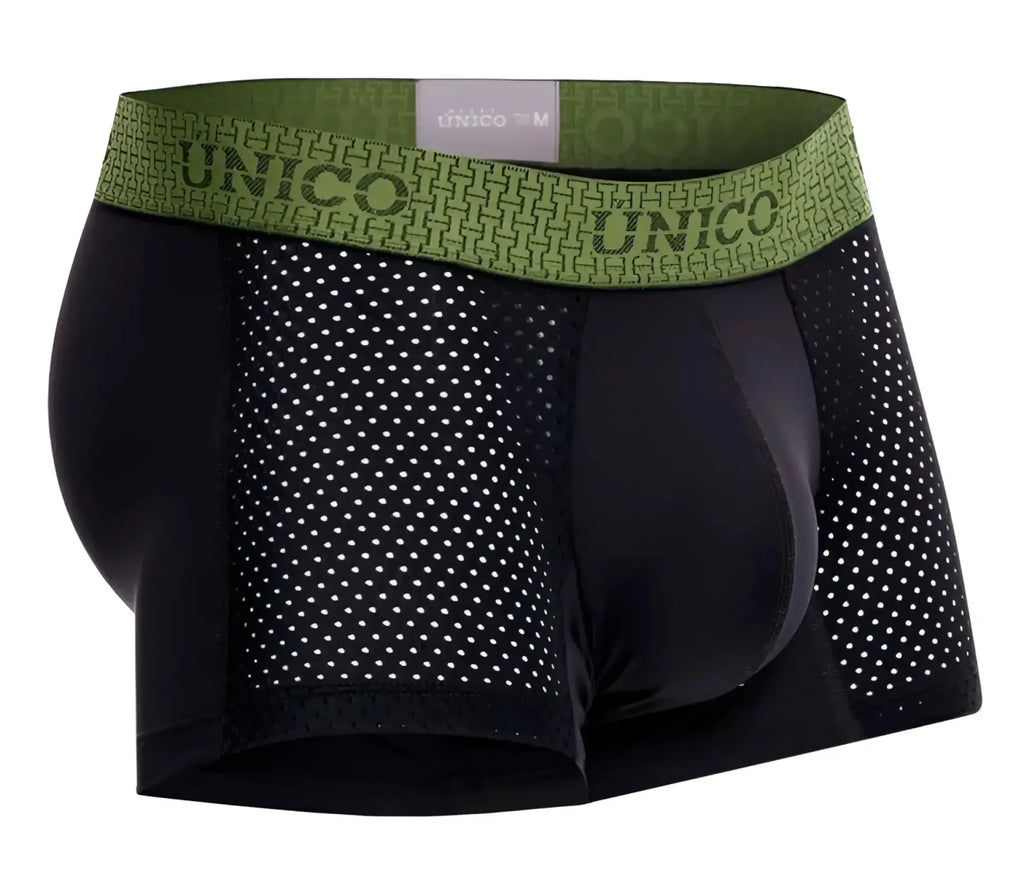 Black unico 25020100121 tribunal trunks men’s boxer briefs with green patterned waistband and brand name