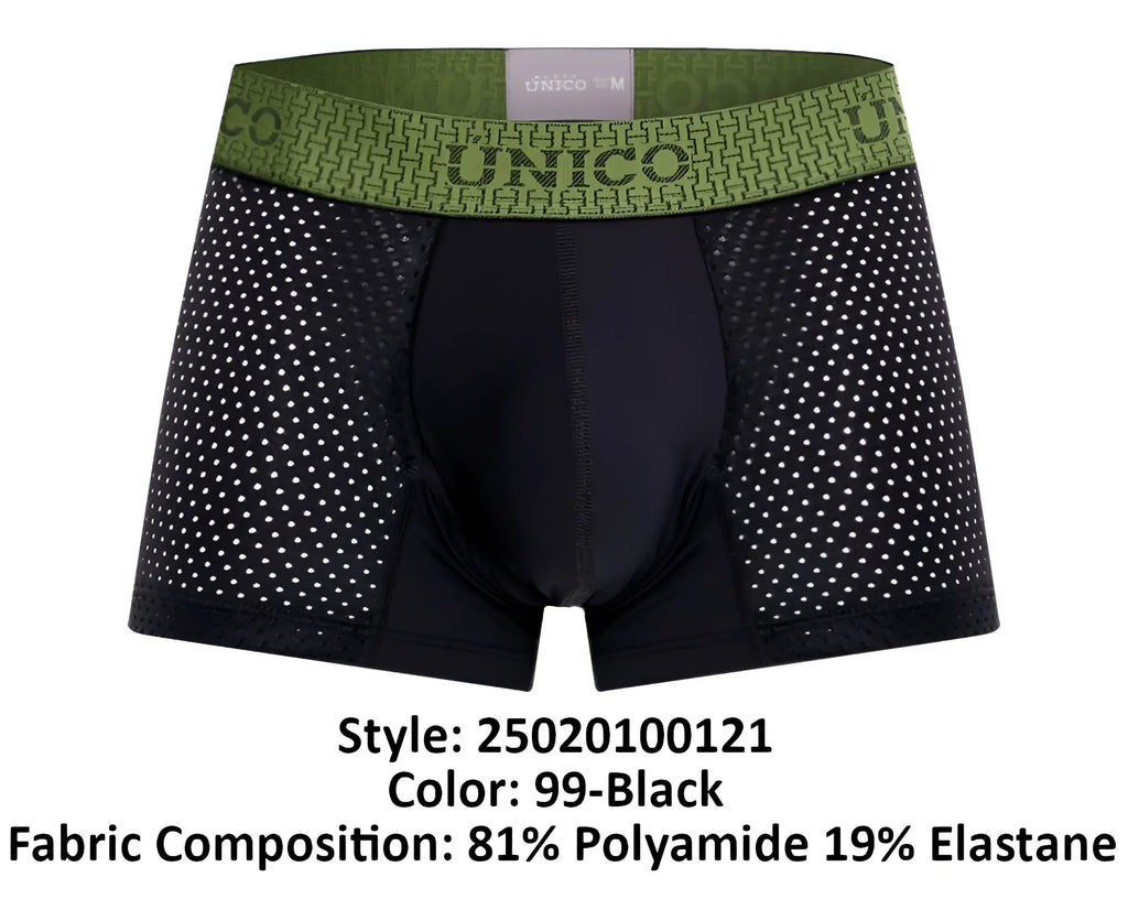 Black unico 25020100121 tribunal trunks boxer briefs with a green patterned waistband featuring the brand name