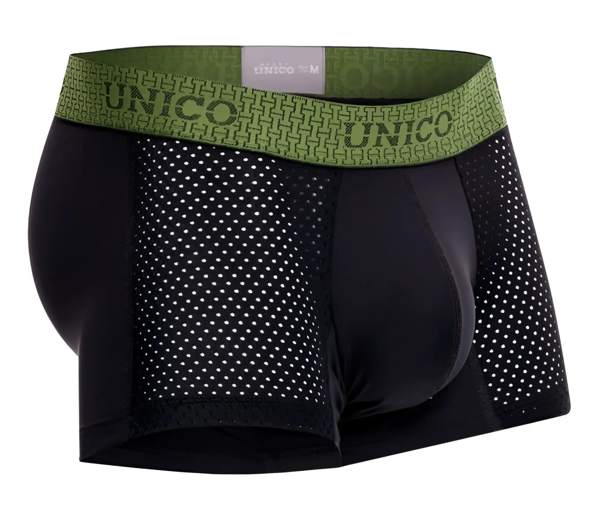 Black unico 25020100121 tribunal trunks men’s boxer briefs with green patterned waistband and brand name