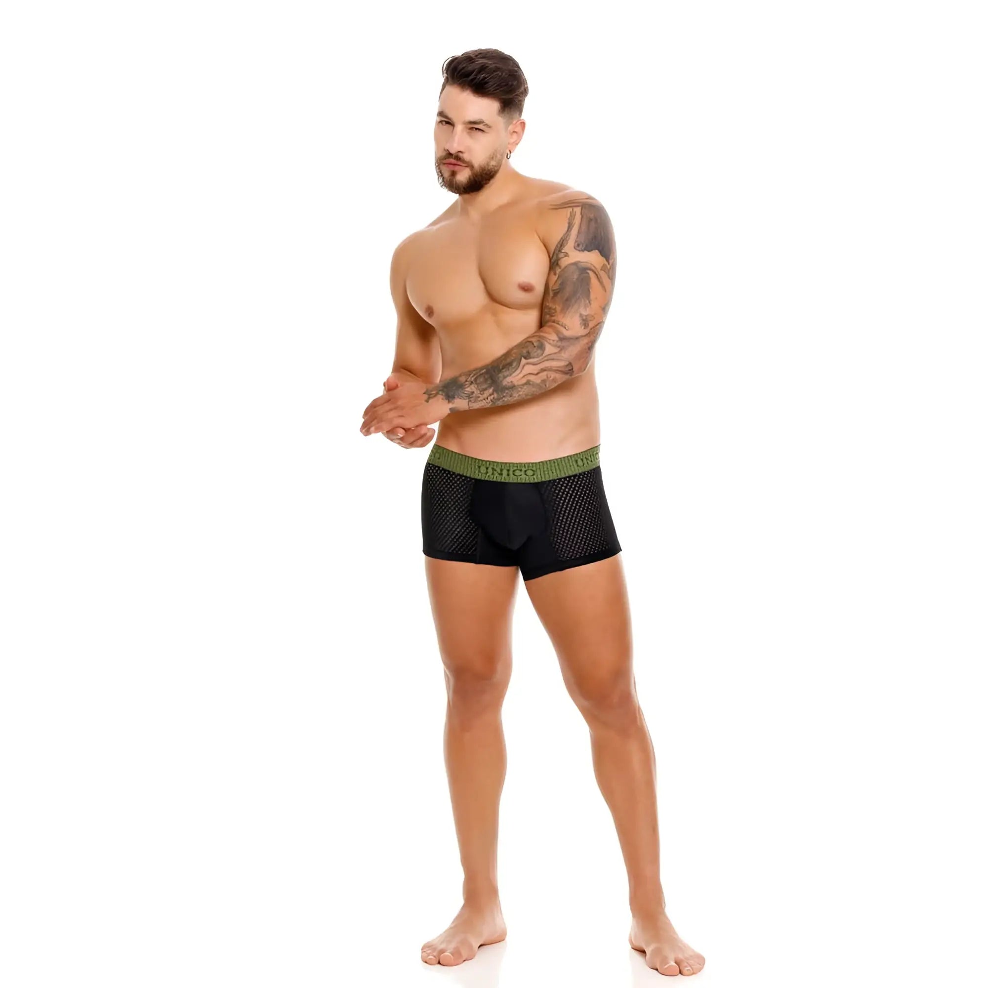 Unico 25020100121 tribunal trunks black mesh boxer briefs with green elastic waistband for comfortable wear