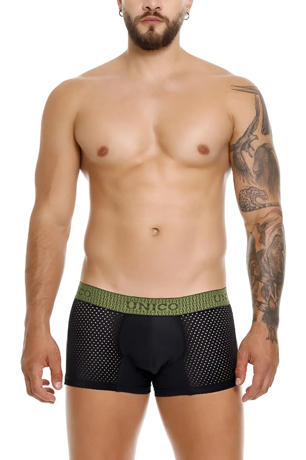 Black mesh boxer briefs with green elastic waistband and lunco branding from unico 25020100121 tribunal trunks color 99-black