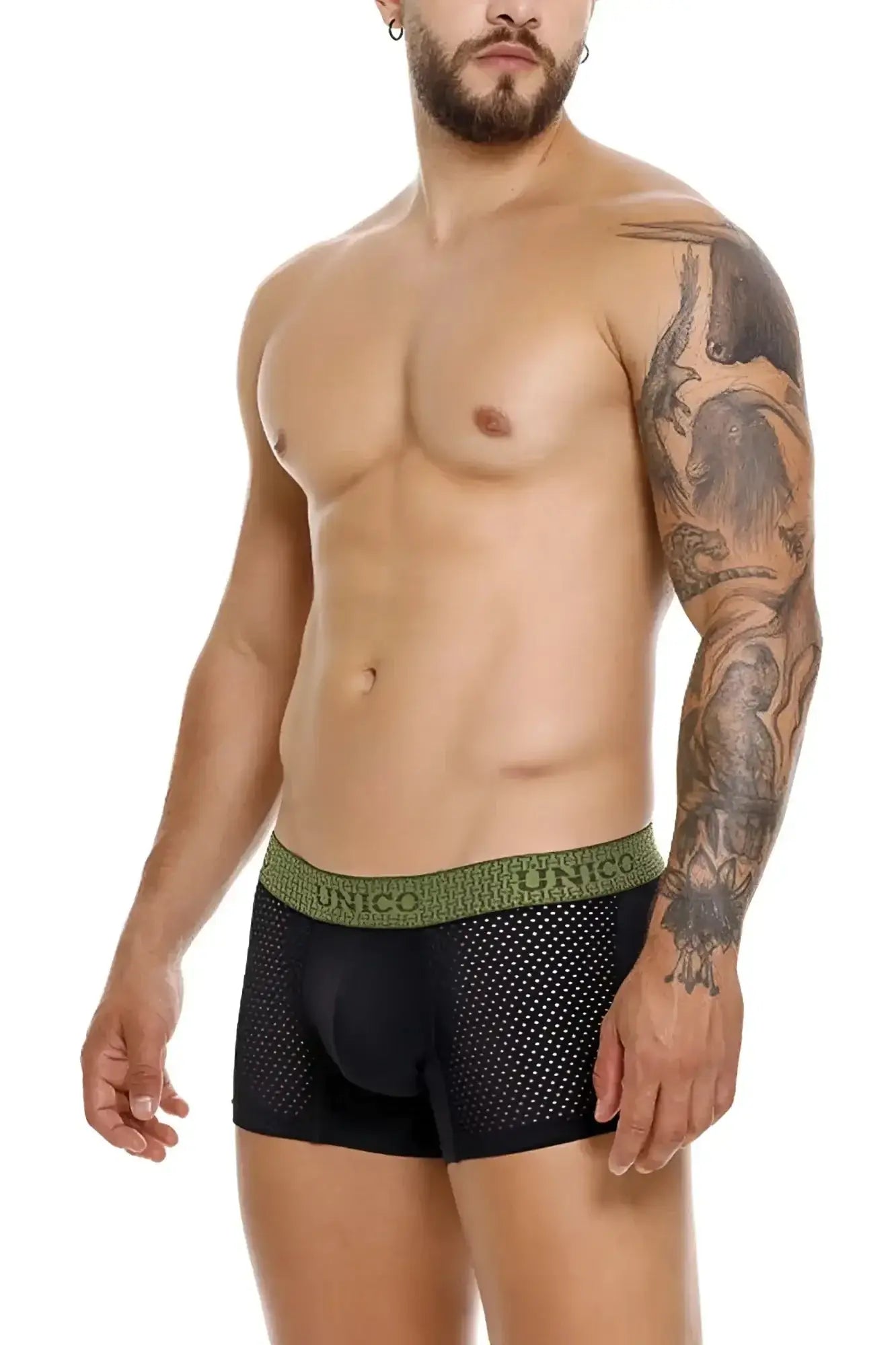 Black mesh unico 25020100121 tribunal trunks with olive green waistband featuring unico brand name pattern