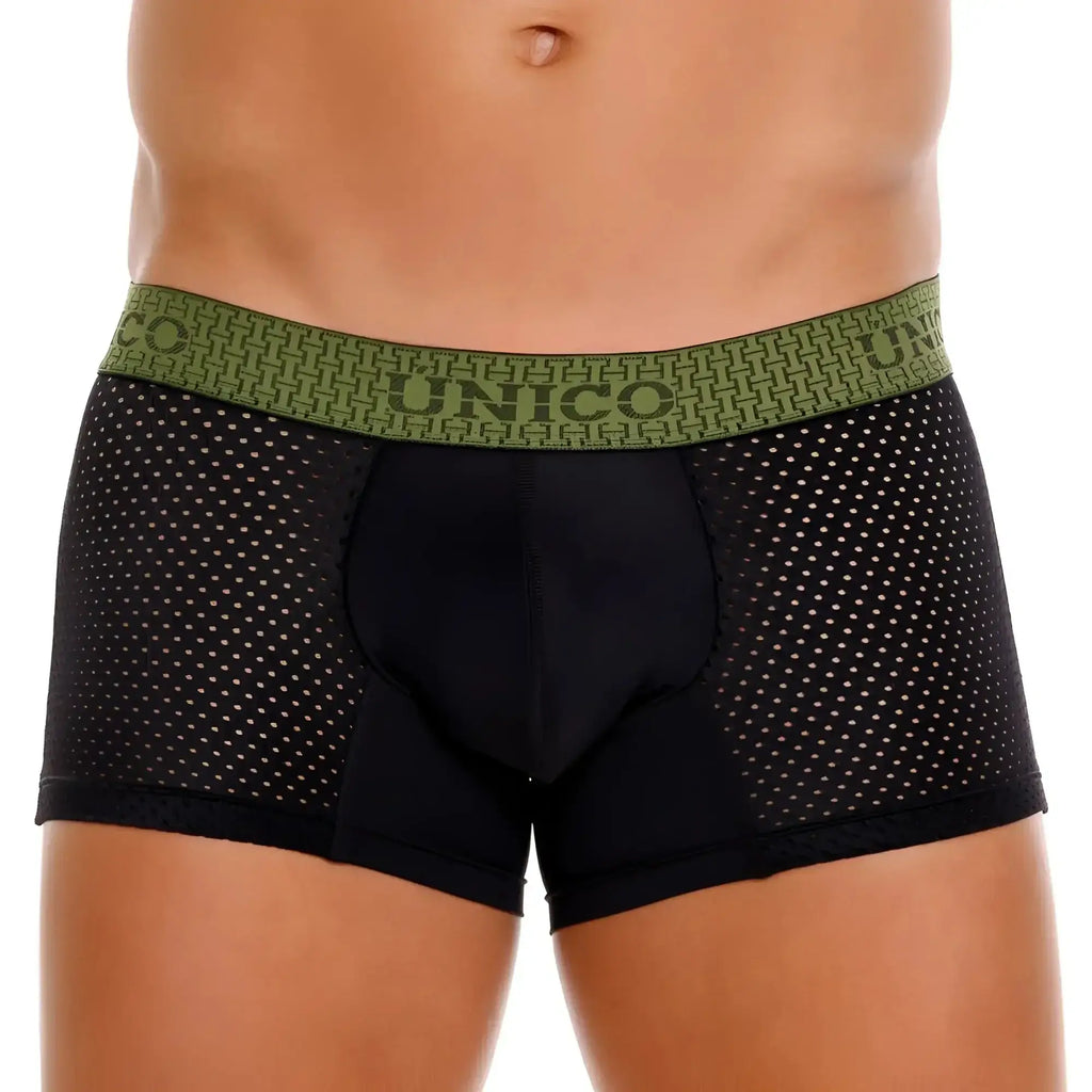 Black mesh Unico 25020100121 Tribunal trunks with olive green waistband and repeated geometric pattern in black