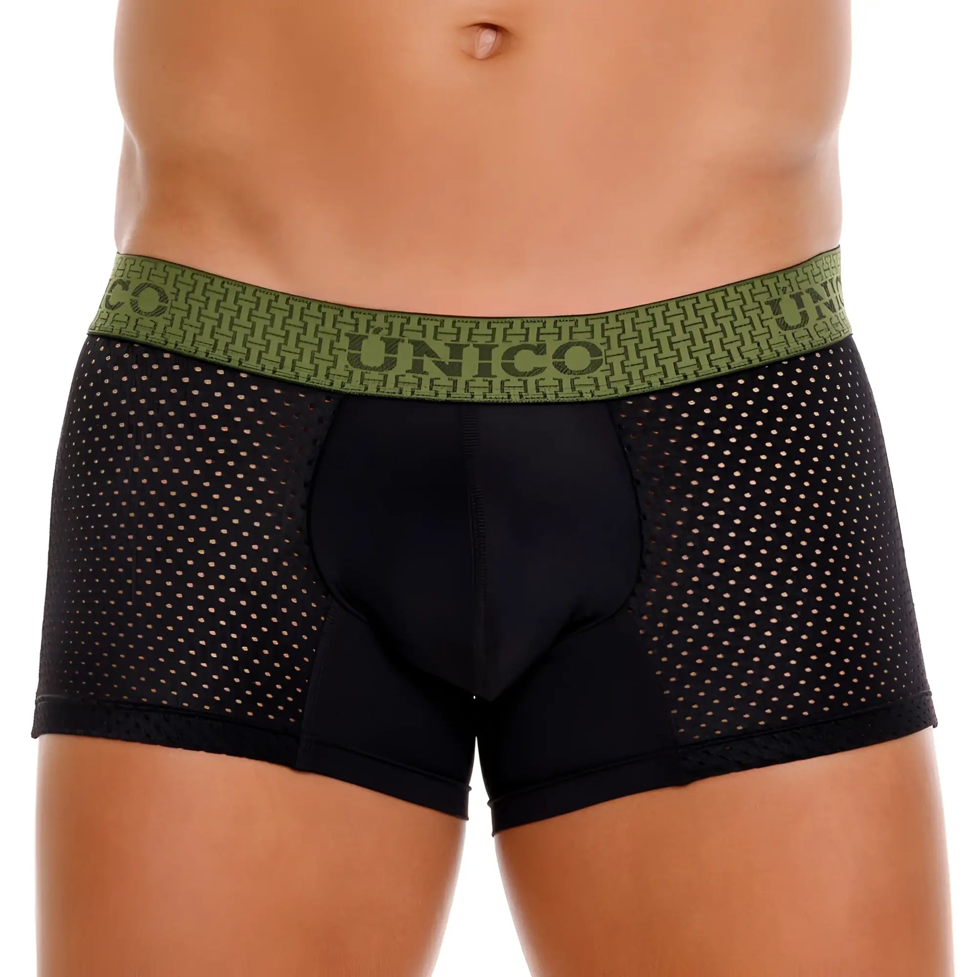 Black mesh Unico 25020100121 Tribunal trunks with olive green waistband and repeated geometric pattern in black