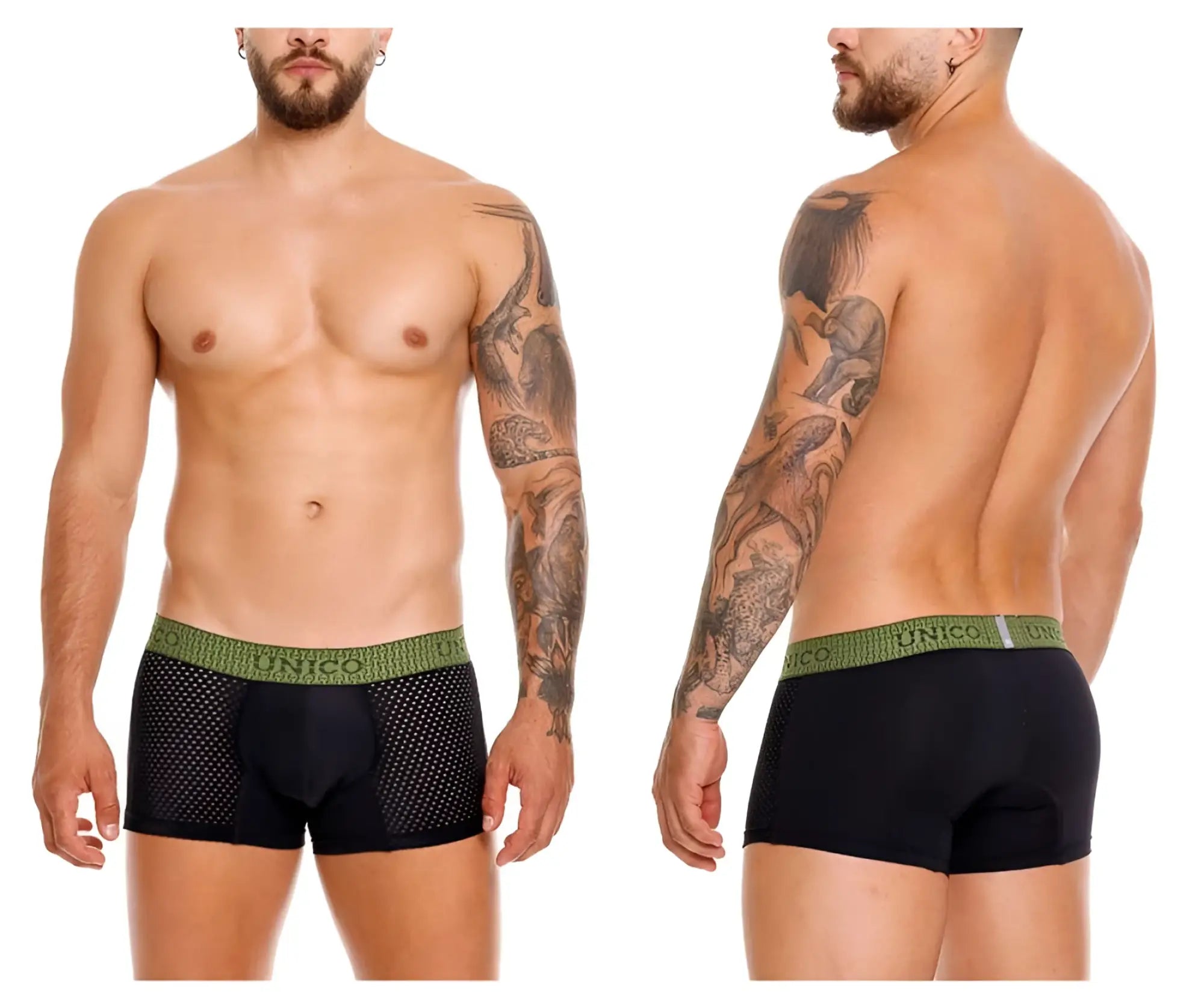 Black mesh unico 25020100121 tribunal trunks briefs with green elastic waistband and unico branding