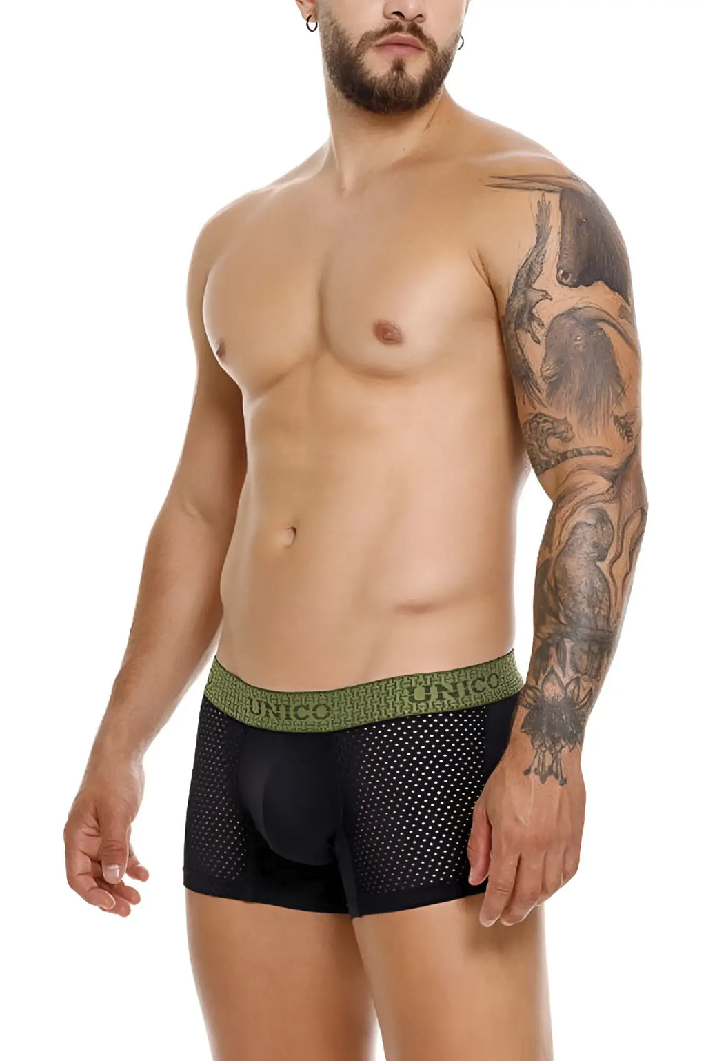 Black mesh unico 25020100121 tribunal trunks with olive green waistband featuring unico brand name pattern
