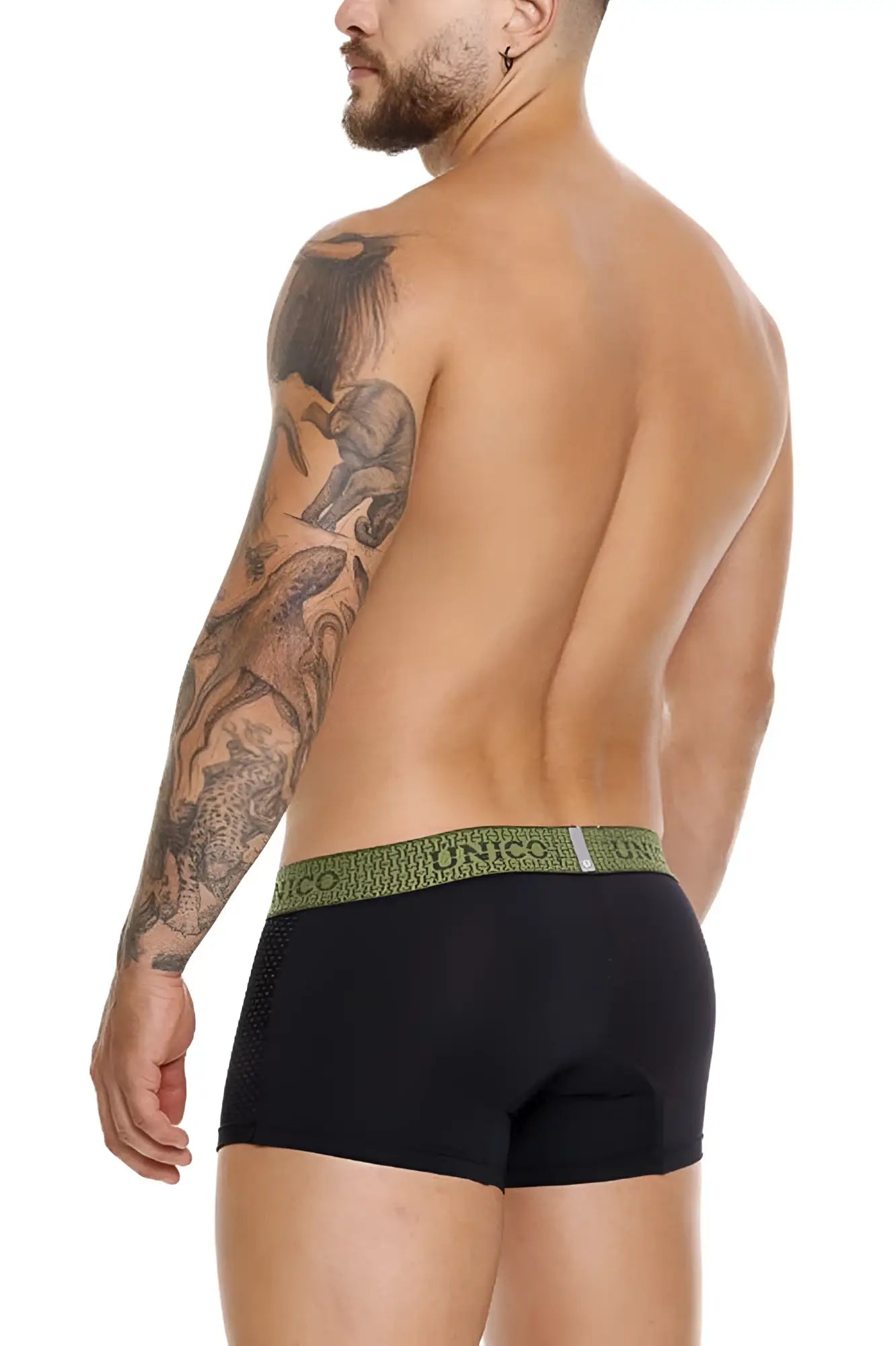 Black unico 25020100121 tribunal trunks briefs with olive green elastic waistband featuring unico branding in white