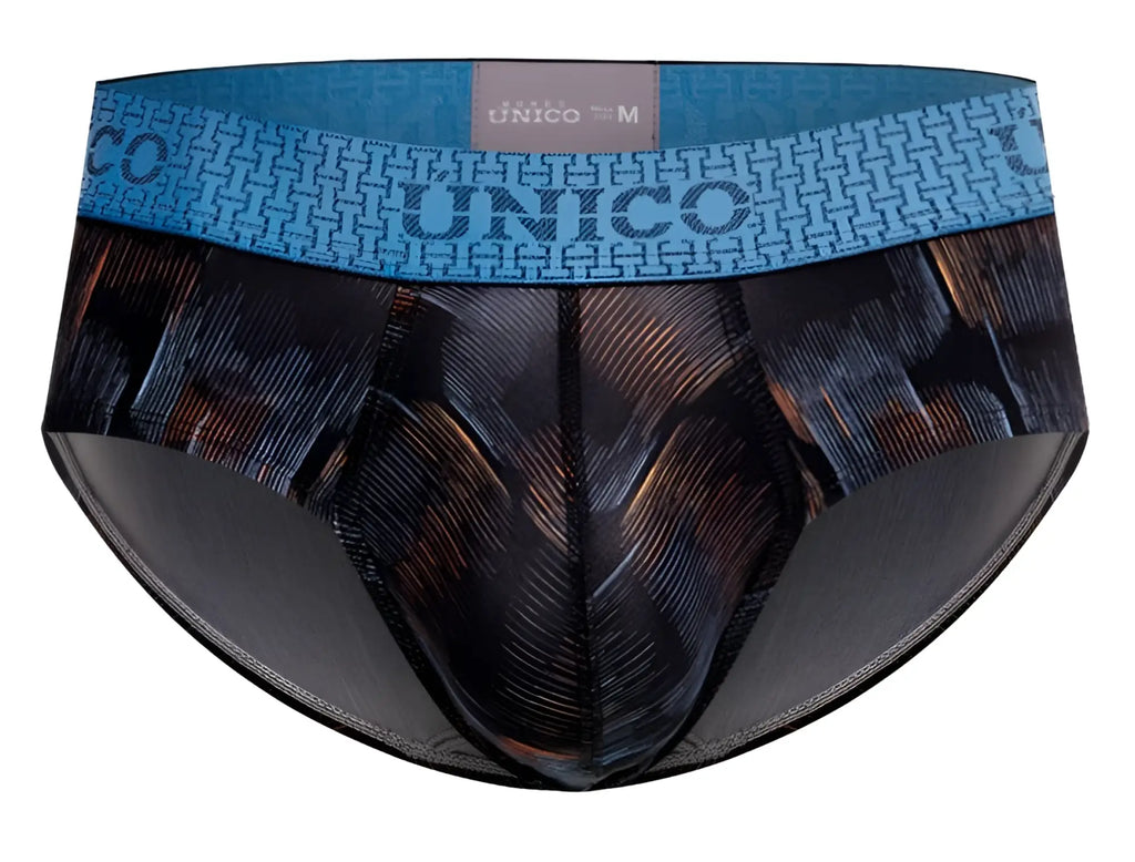 Unico epitome men’s briefs in black with blue and black pattern and geometric design on the waistband