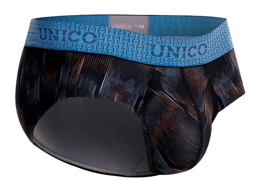 Unico 25020101102 epitome briefs in black with blue and black textured abstract patterned fabric for men