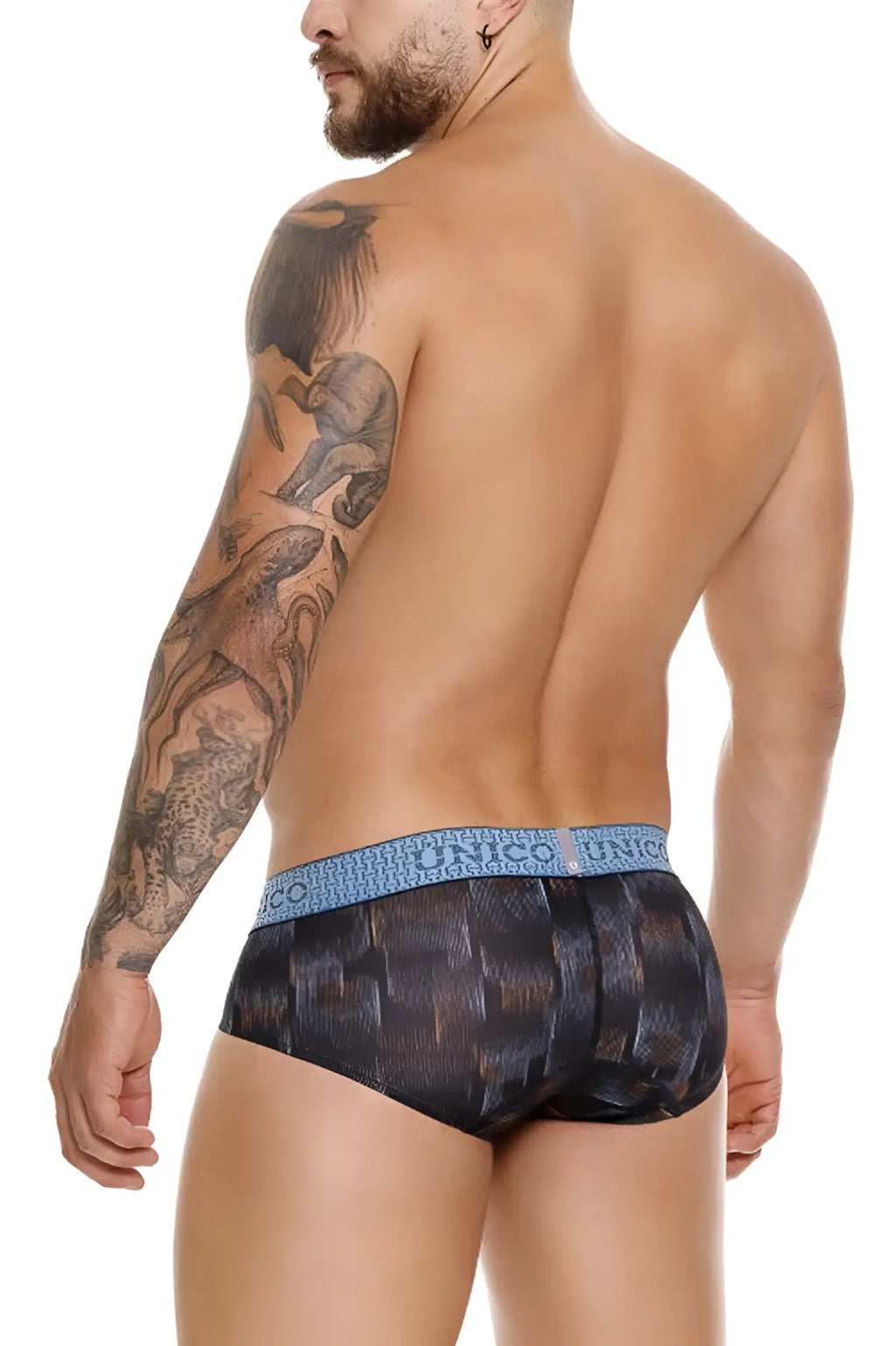 Unico epitome briefs in black with blue patterned textured woven design for men underwear