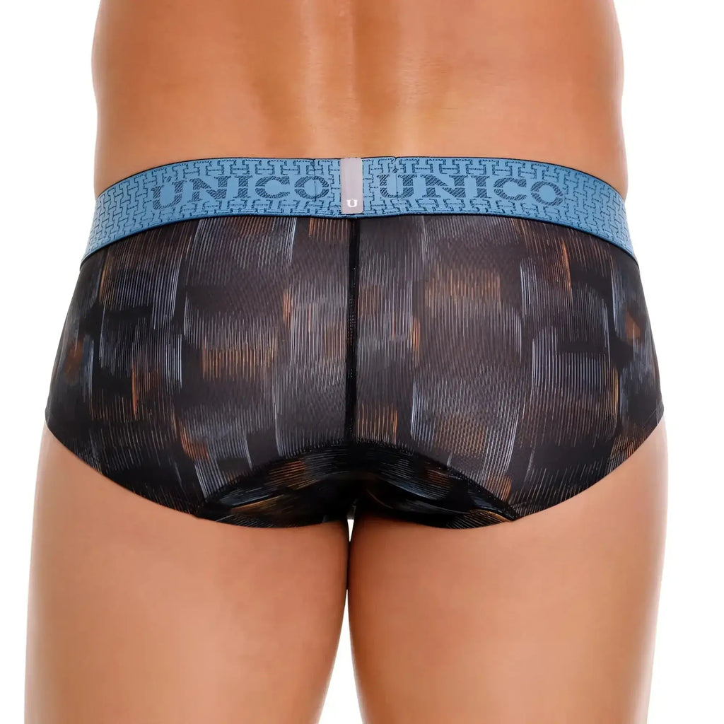 Unico epitome briefs in black and brown patterned mesh with a light blue waistband featuring the unico brand name