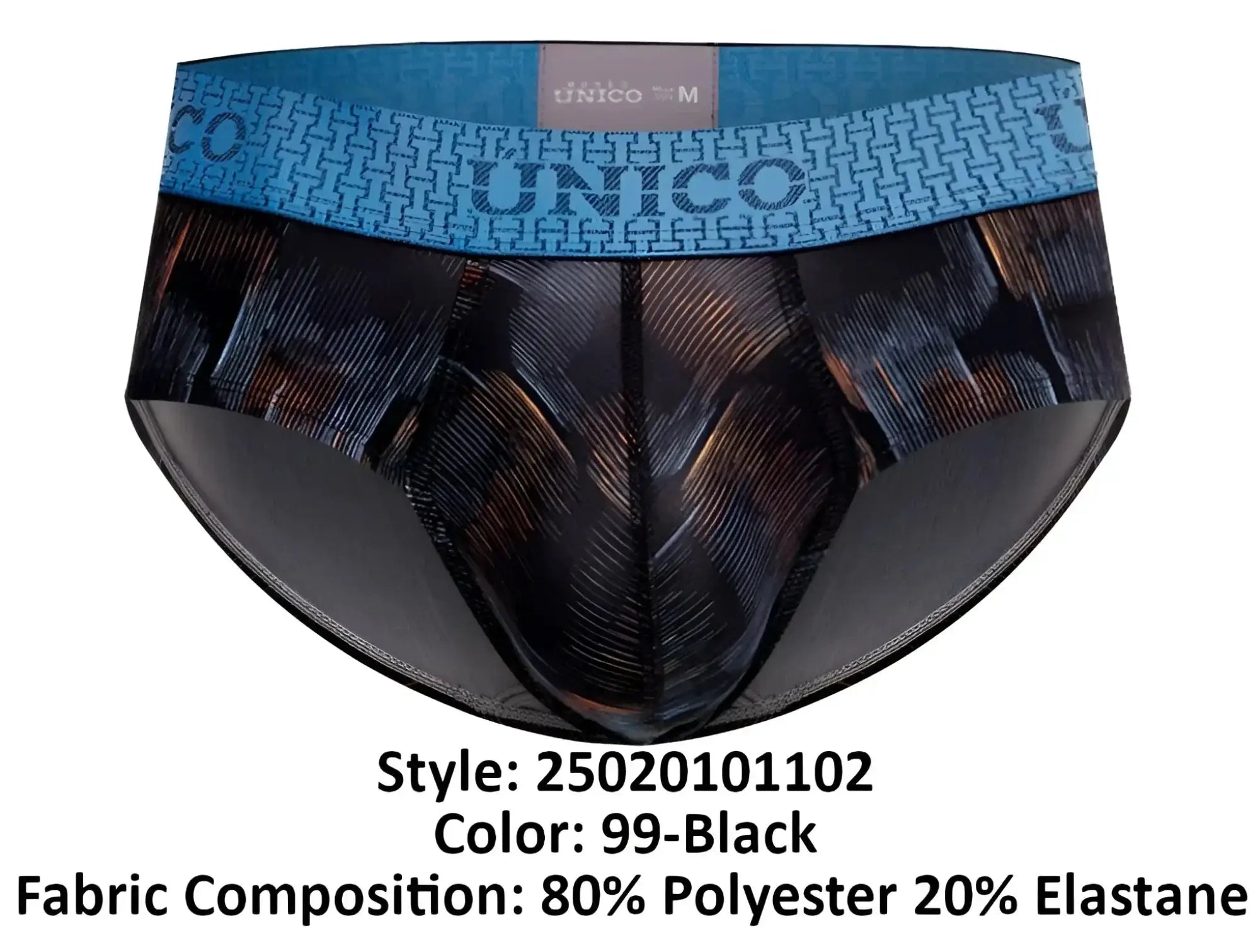 Black patterned Unico epitome briefs with blue waistband featuring brand logo in color 99-black