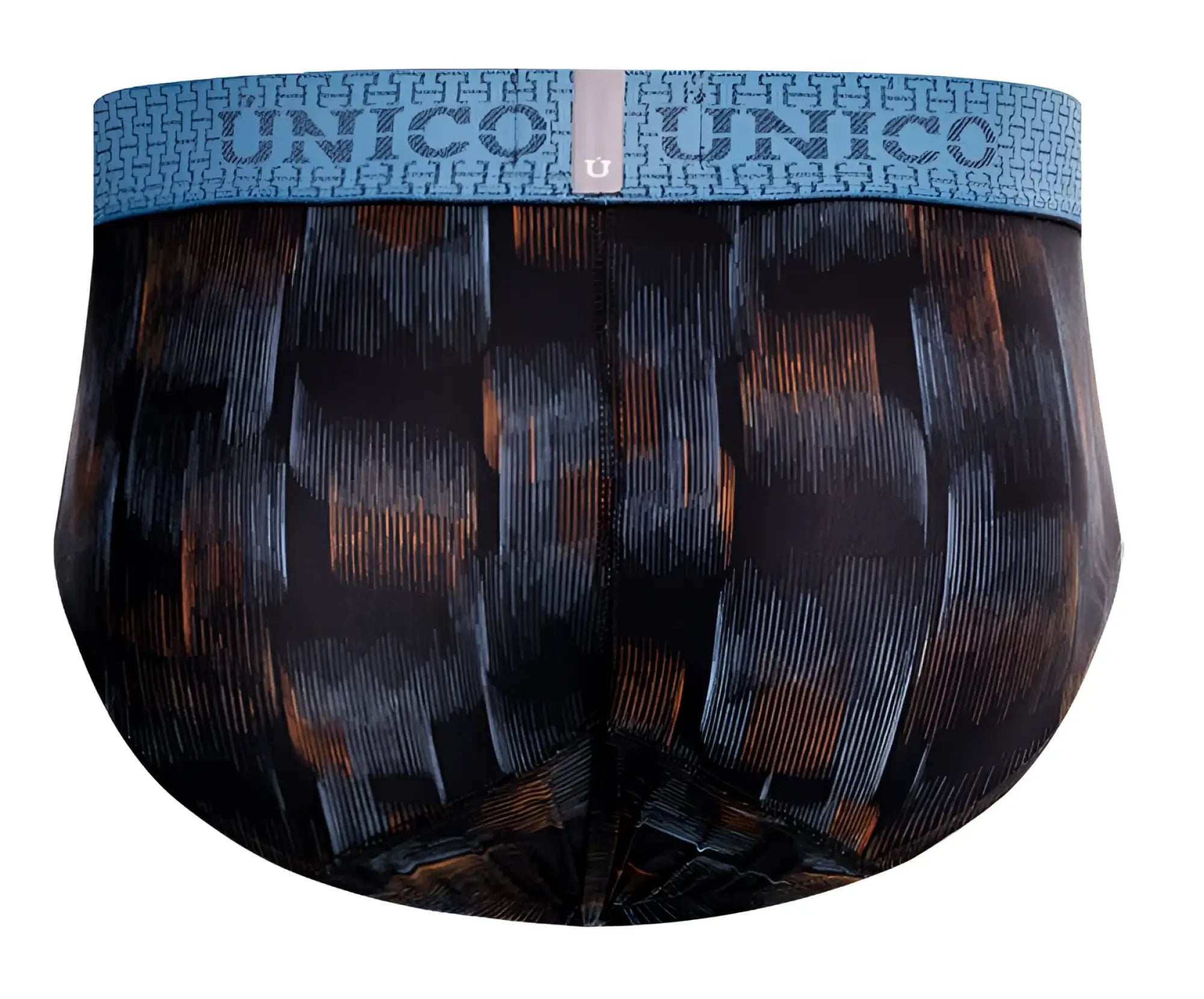 Unico 25020101102 epitome briefs in black with orange geometric pattern and blue waistband featuring brand name