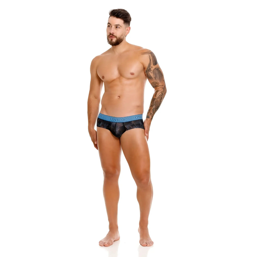 Unico 25020101102 epitome briefs in black feature patterned fabric and a blue elastic waistband with unico branding