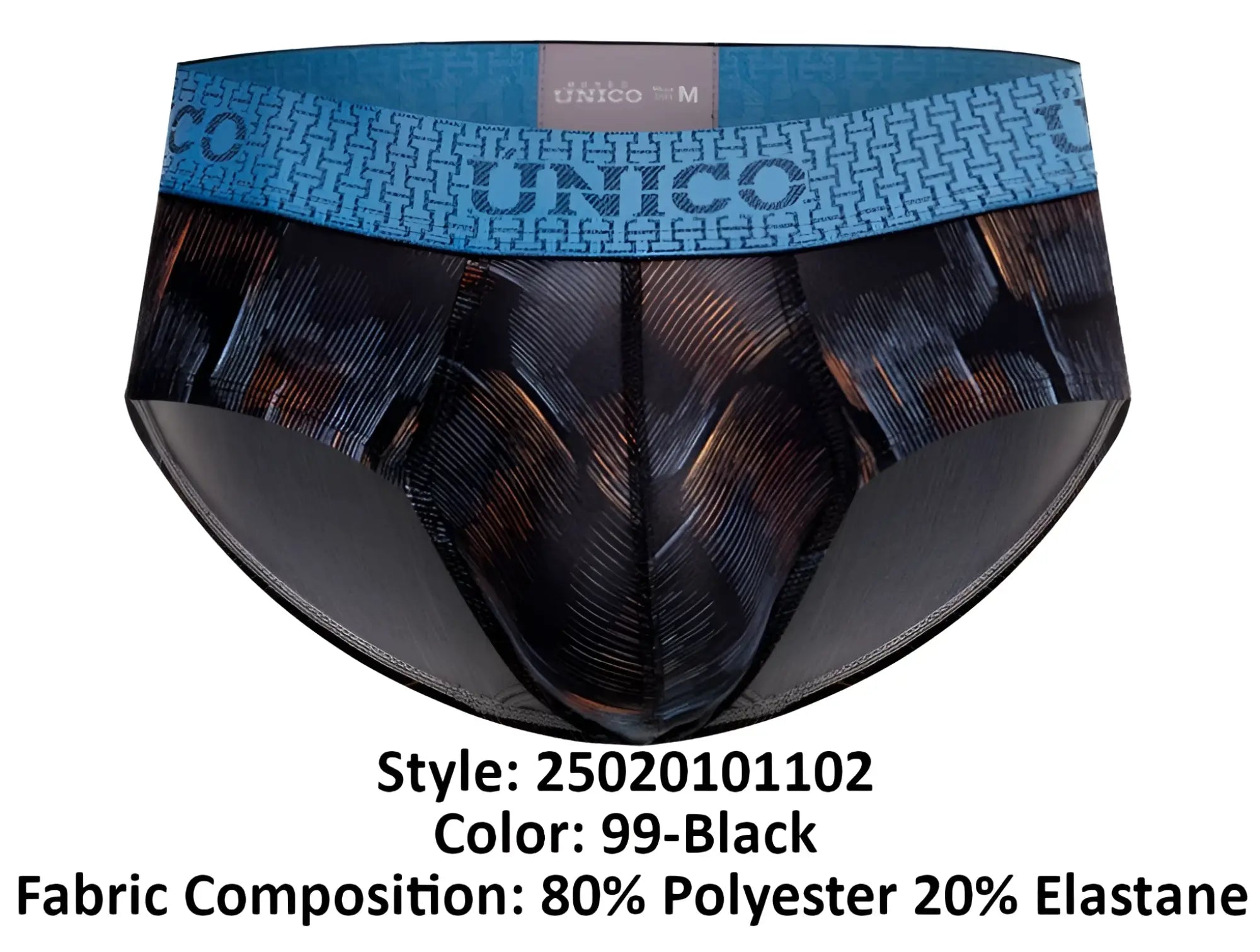 Black patterned Unico epitome briefs with blue waistband featuring brand logo in color 99-black
