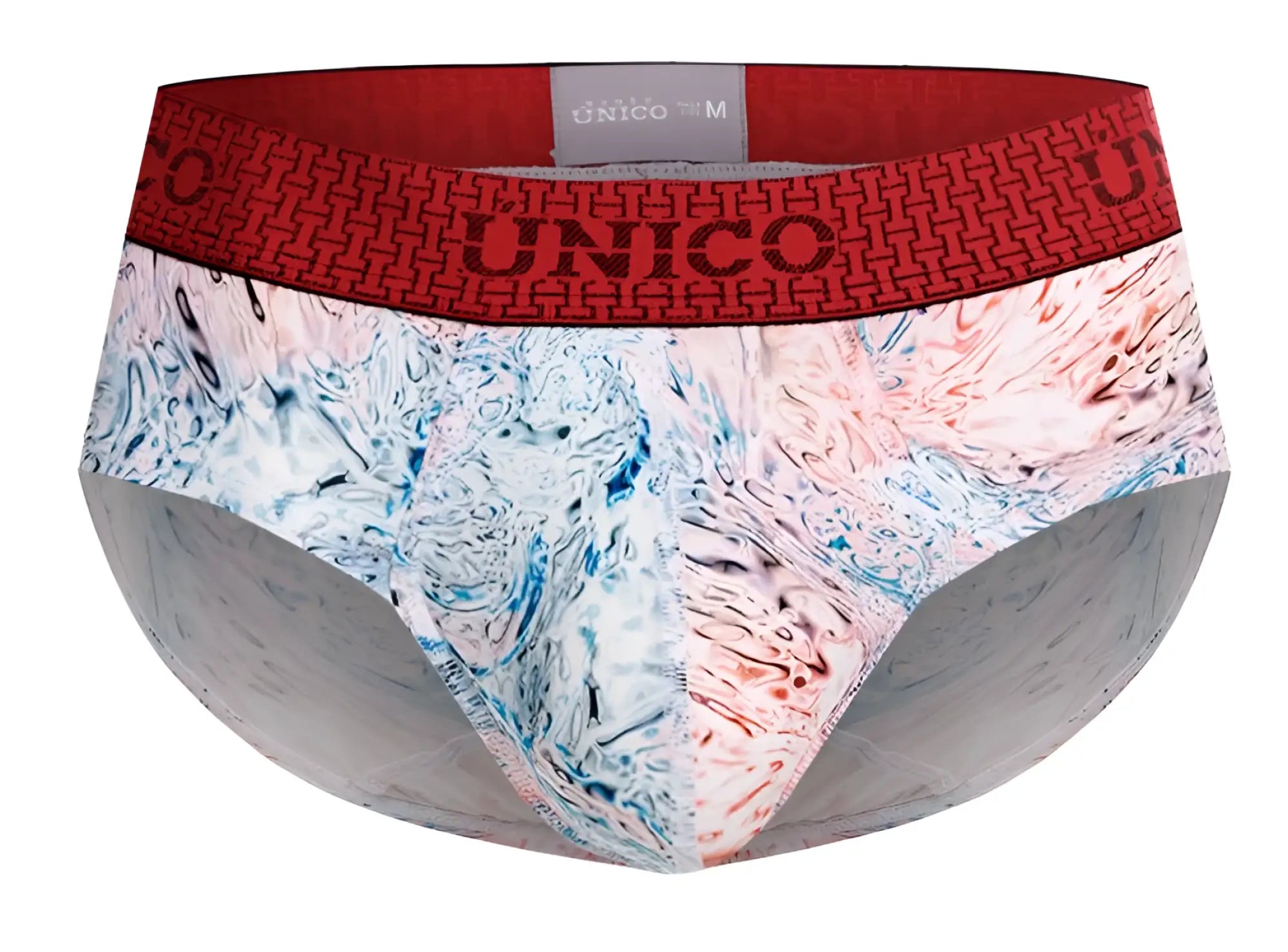 Unico 25020101103 Rizo briefs for men with vibrant blue pink and white abstract watercolor pattern and red waistband