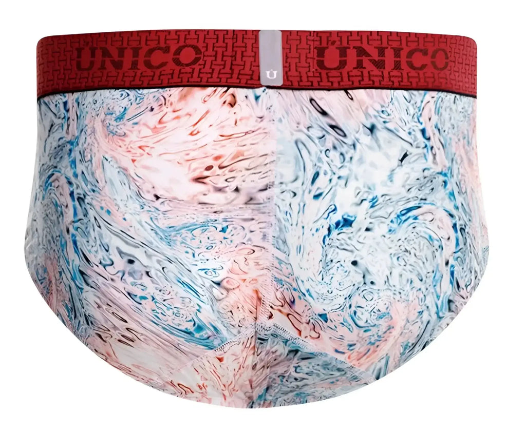 Unico 25020101103 Rizo briefs feature a vibrant blue pink white marble pattern with a red elastic waistband in white