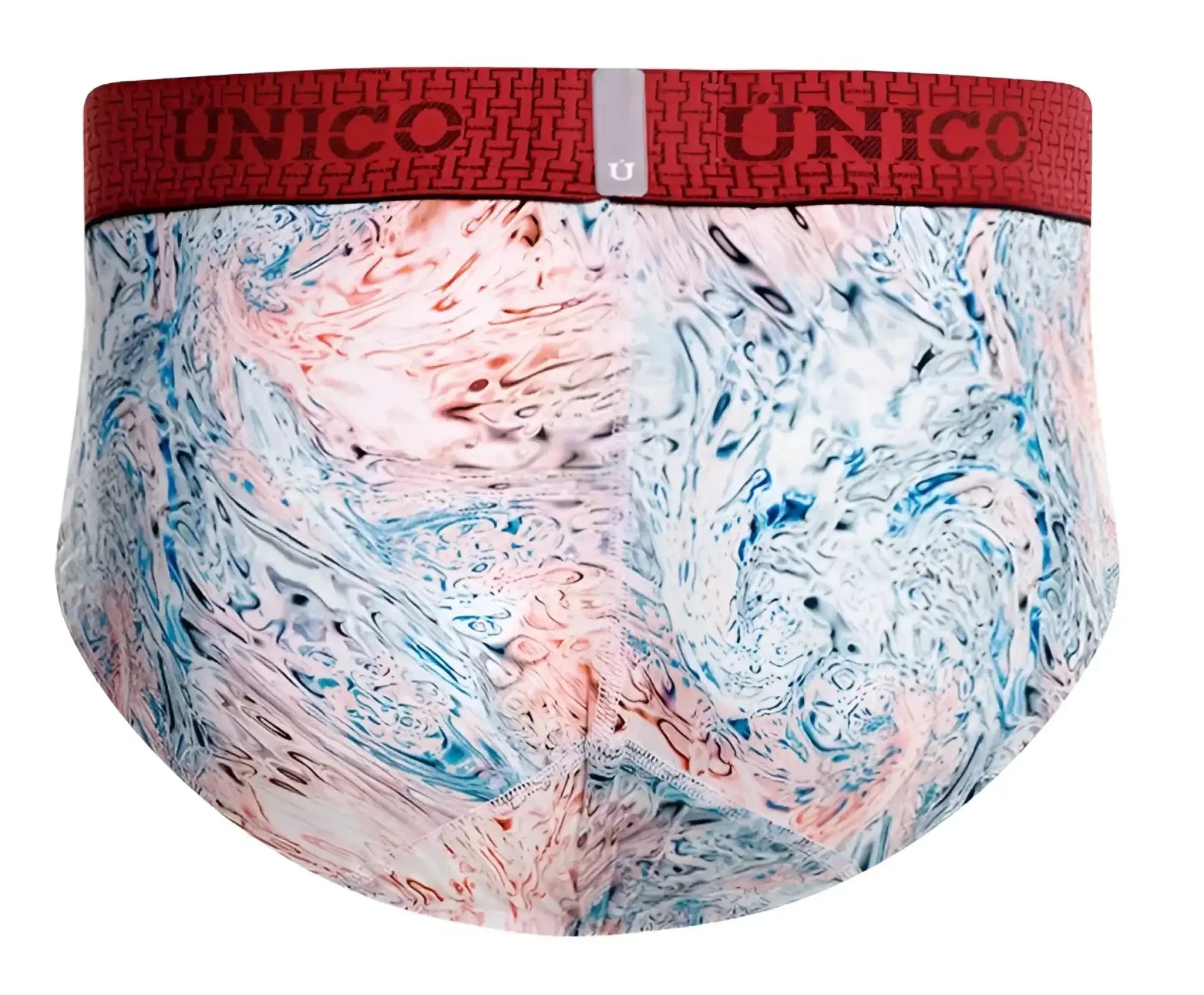 Unico 25020101103 Rizo briefs feature a vibrant blue pink white marble pattern with a red elastic waistband in white