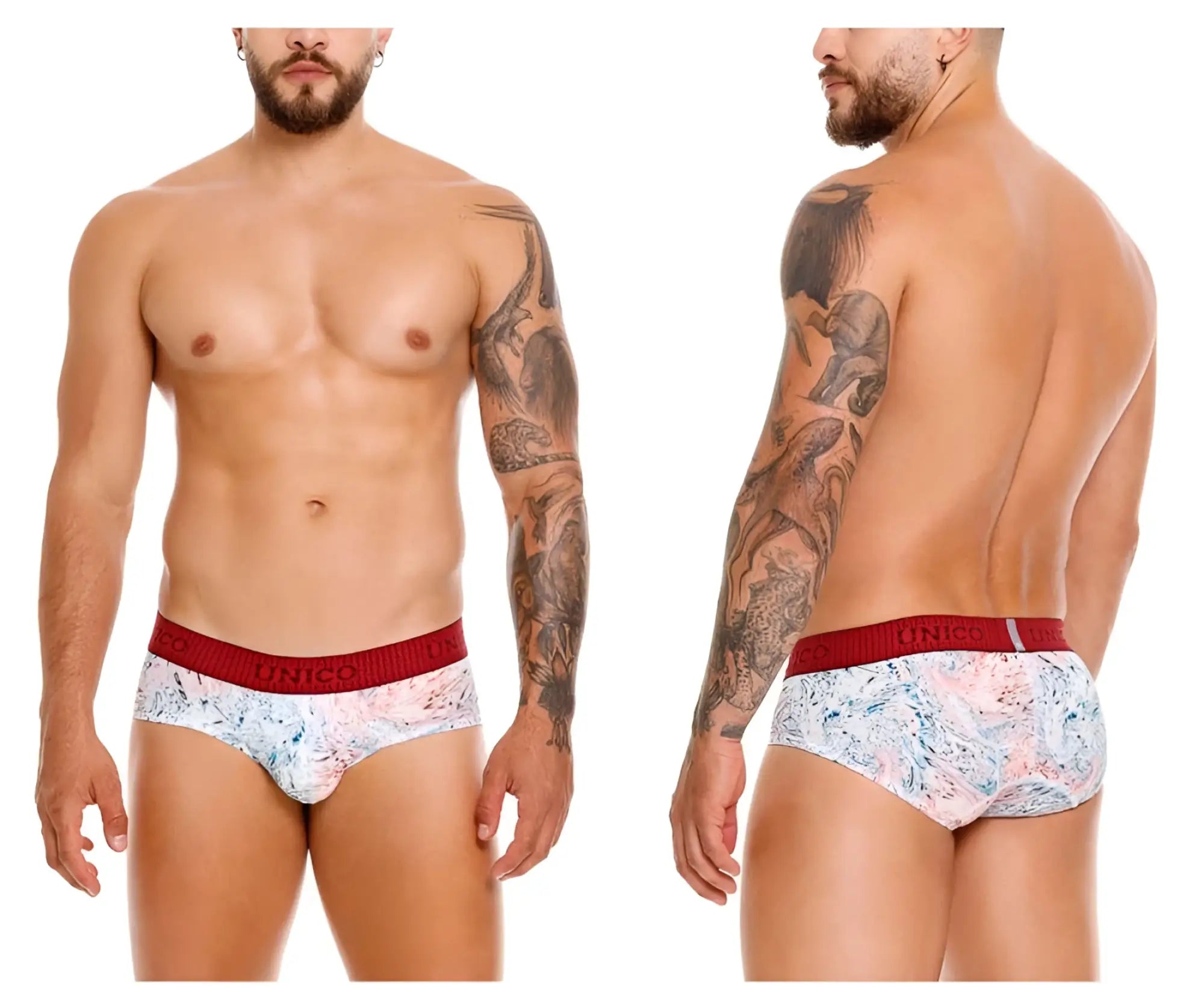 Unico 25020101103 rizo briefs in white with pink pattern and red elastic waistband featuring unico branding