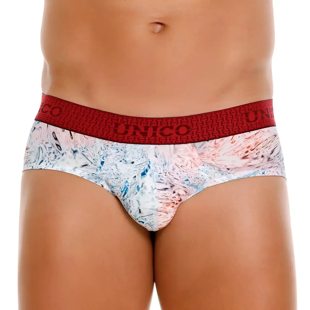 Unico 25020101103 rizo briefs in white with red and white marbled pattern and bold red waistband