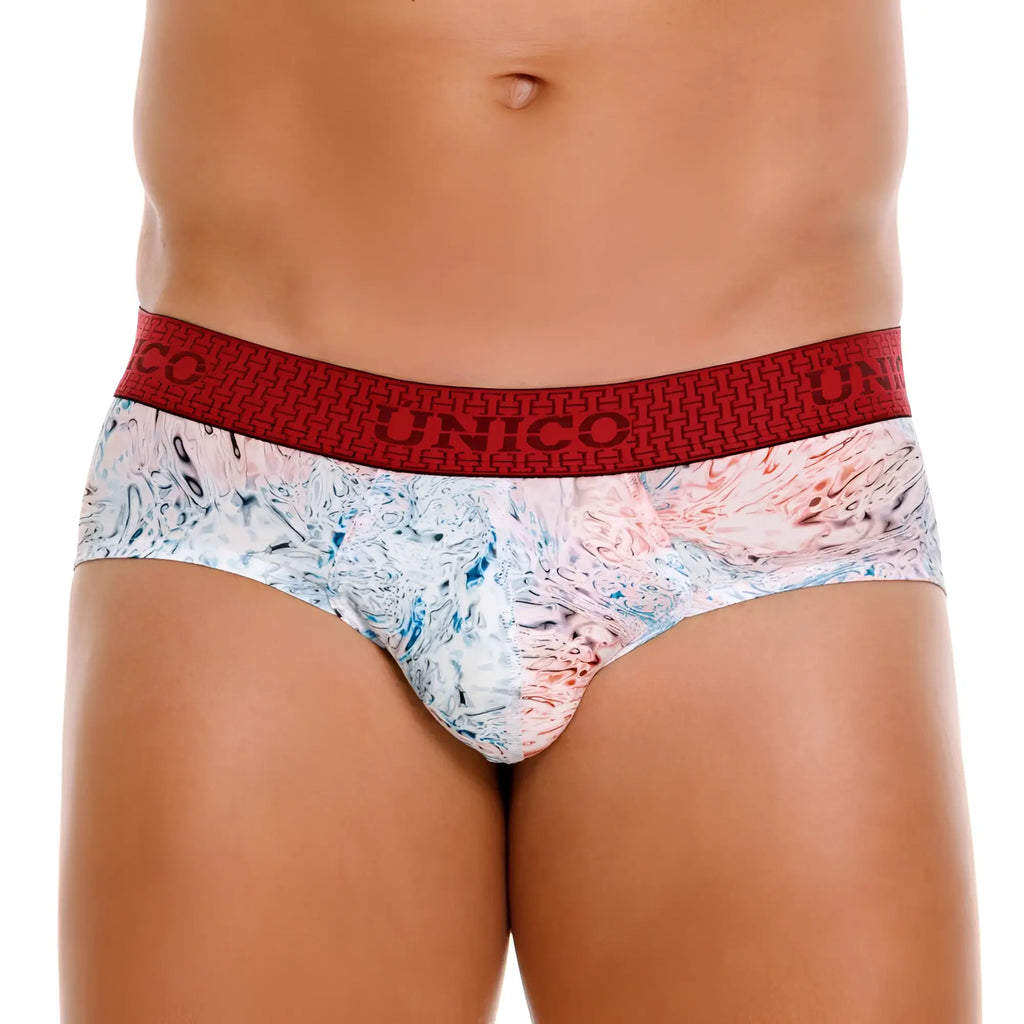 Unico 25020101103 rizo briefs in white with red and white marbled pattern and bold red waistband