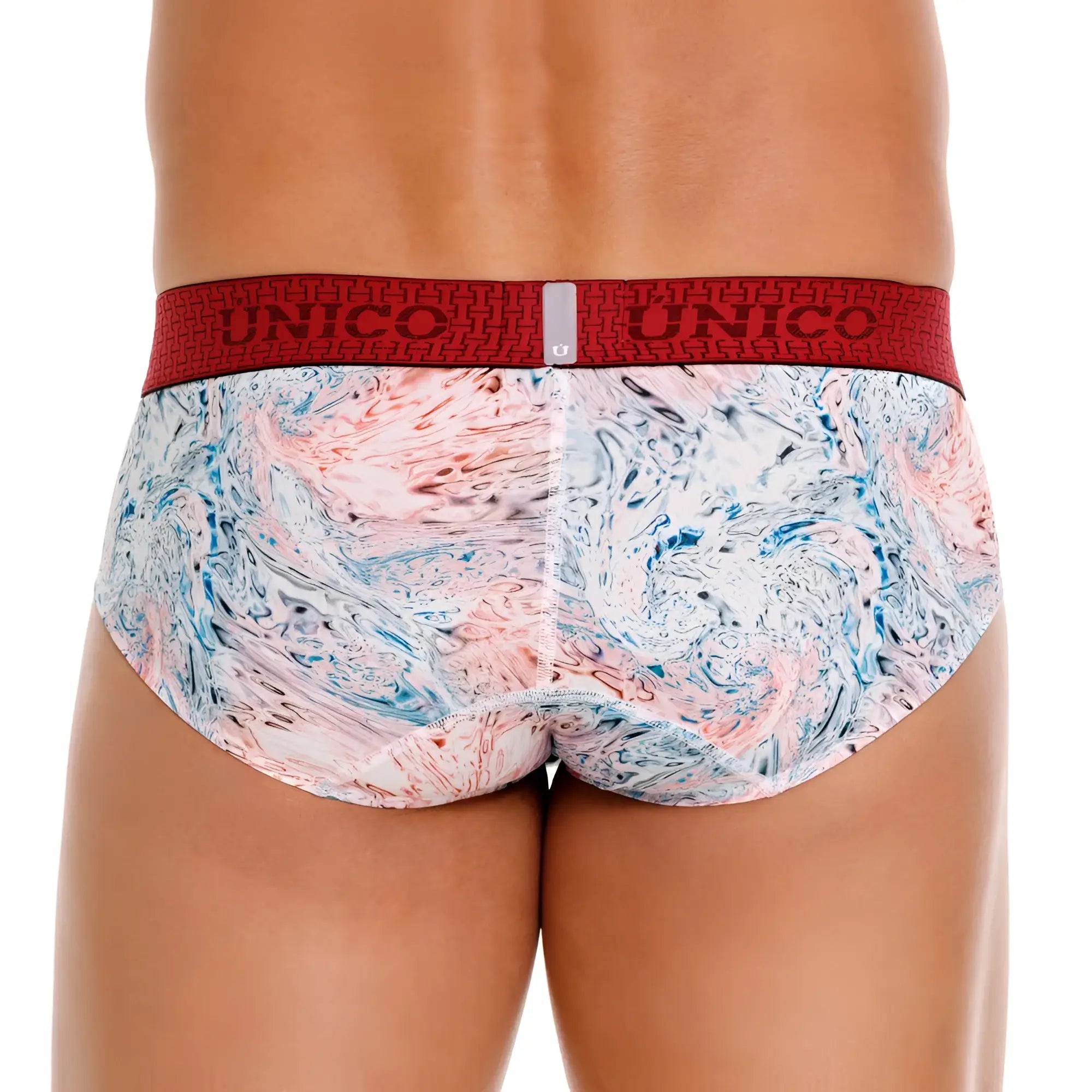 Unico 25020101103 rizo briefs in red and white patterned fabric with pink blue and gray marbled design for men