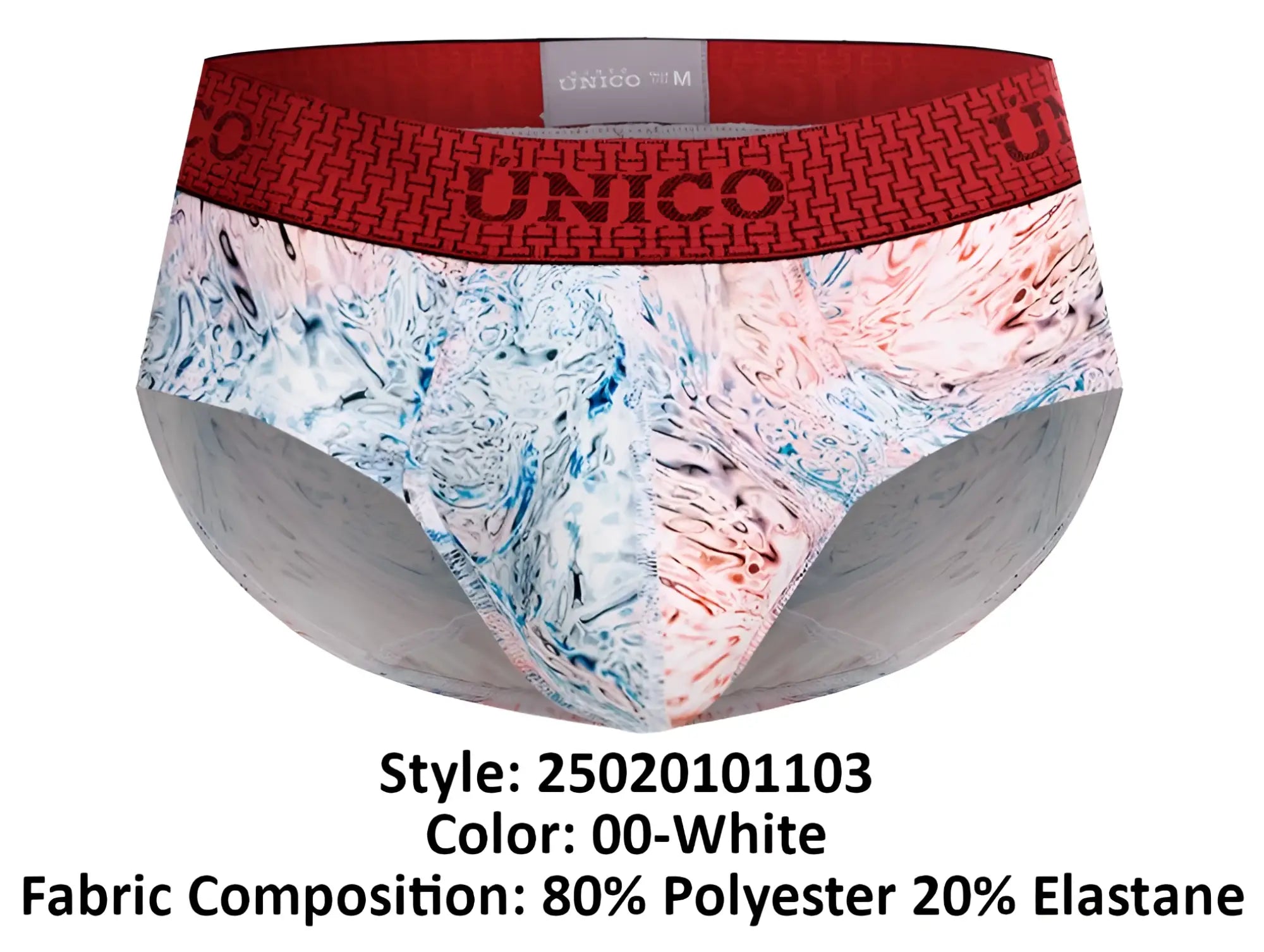 Unico 25020101103 rizo briefs in white with red marble-like pattern men’s underwear featuring a stylish design